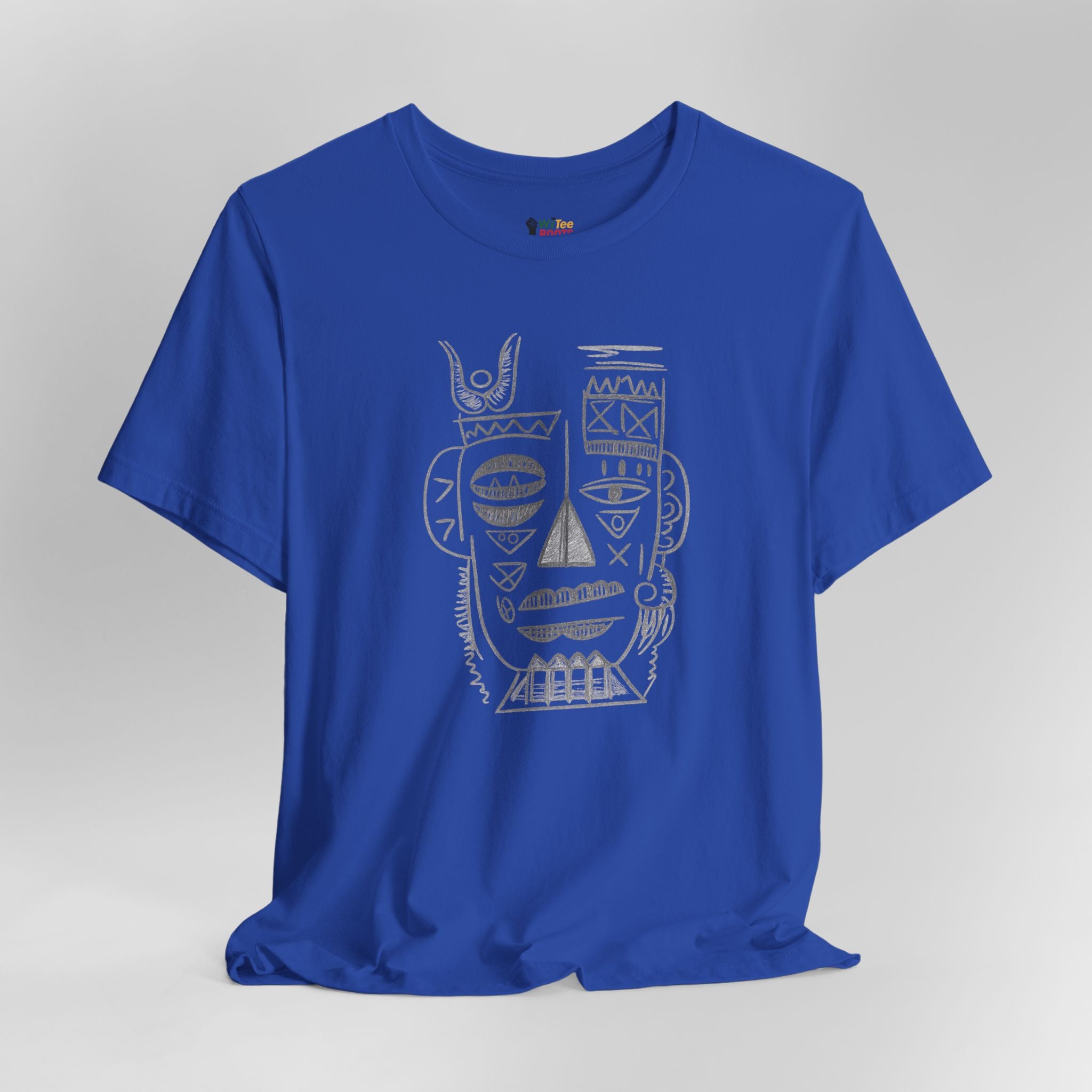 Blue t-shirt with a white graphic design on a gray background