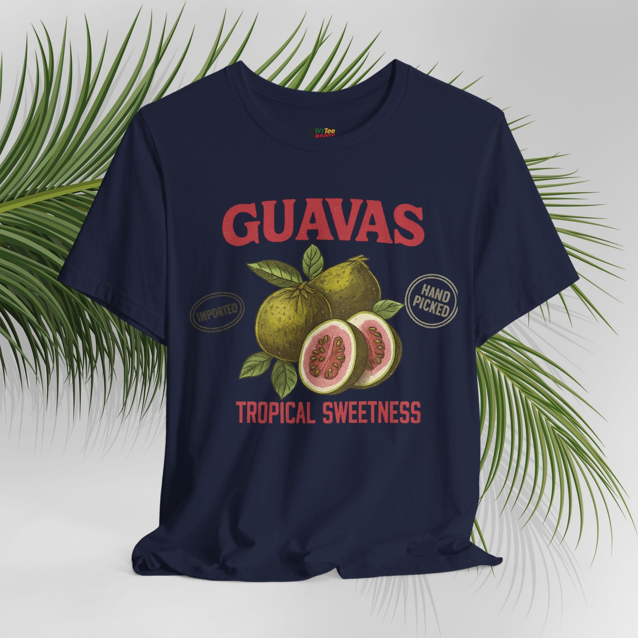Navy blue t-shirt with guava graphic and text on a white background with green leaves.