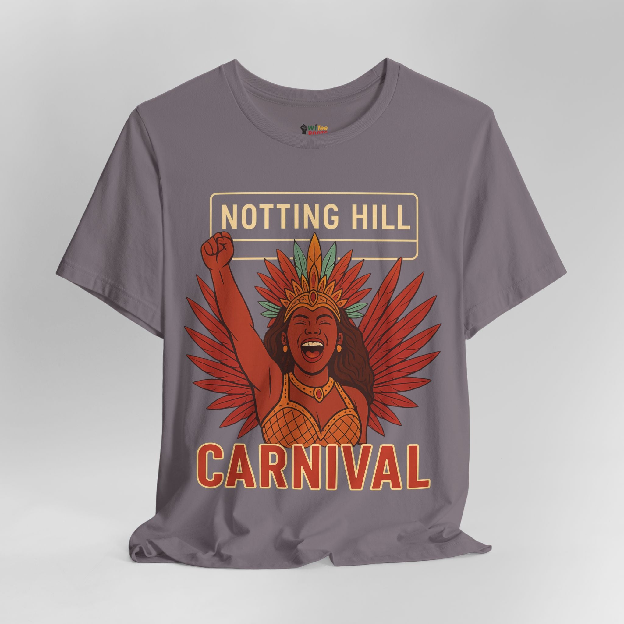 Gray t-shirt with 'Notting Hill Carnival' graphic design on a white background