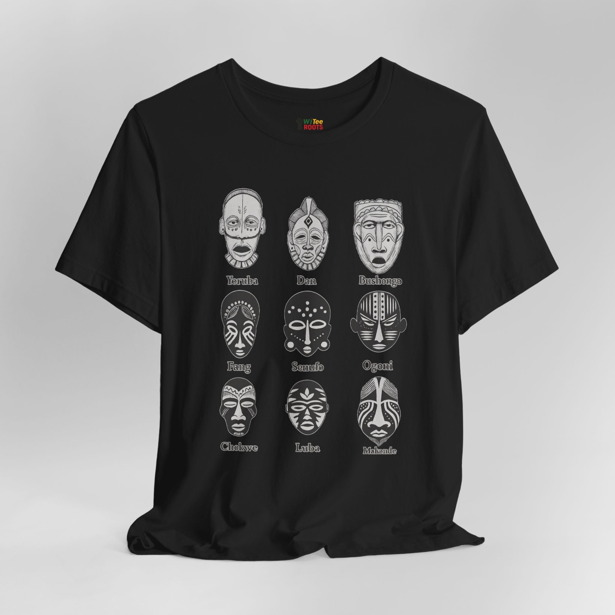 Black t-shirt with white mask designs and text on a gray background