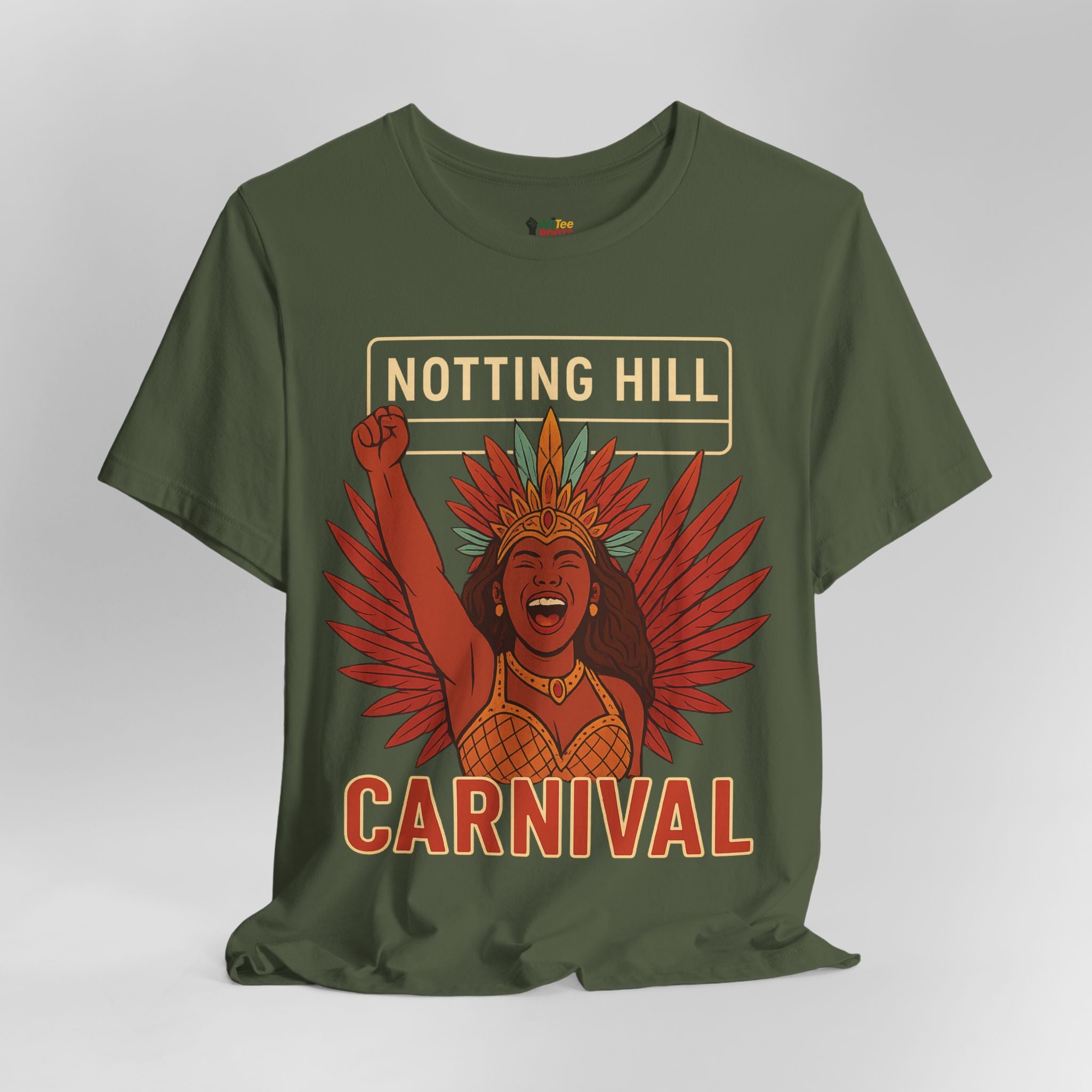 Green t-shirt with 'Notting Hill Carnival' graphic design on a gray background
