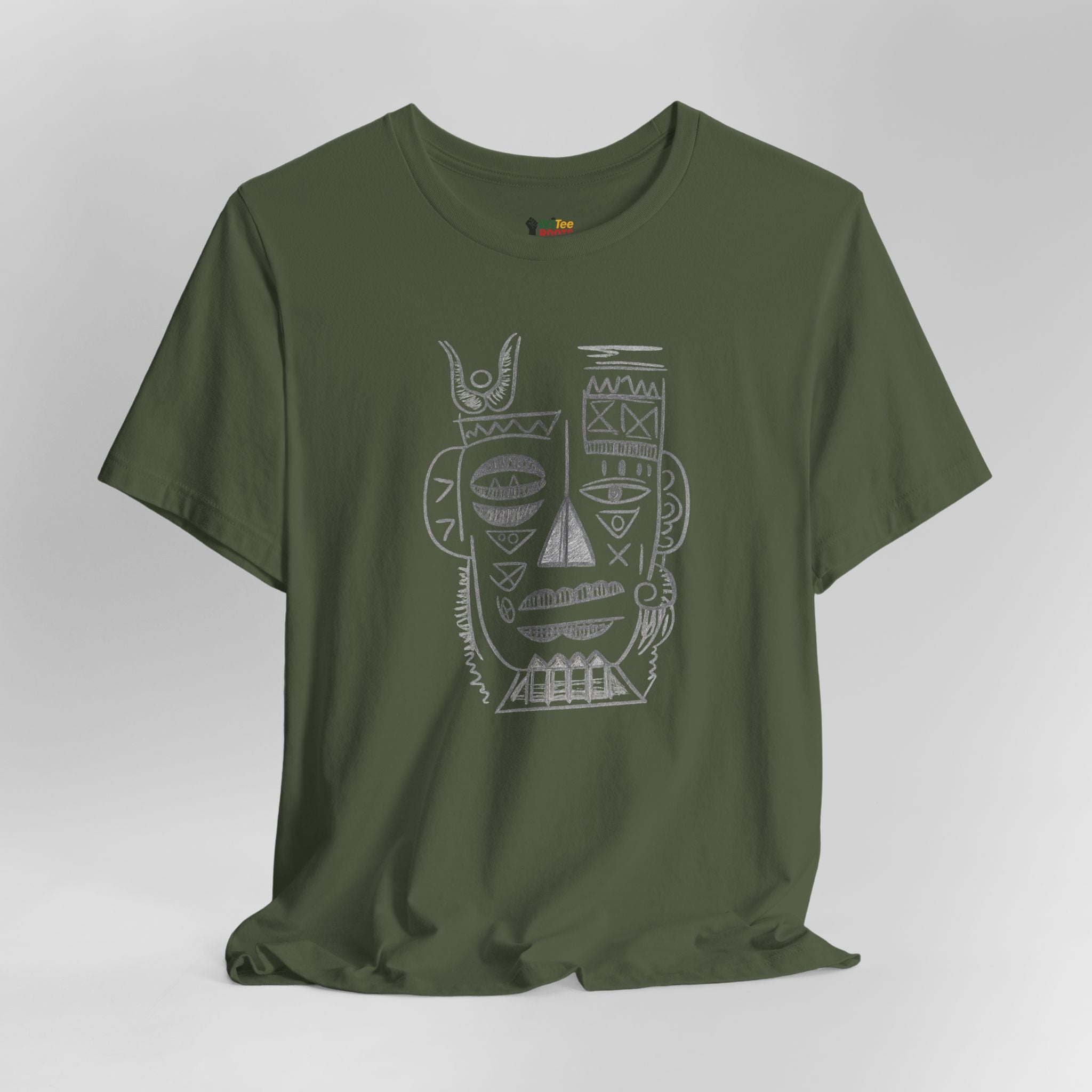 Green t-shirt with a white graphic design on a gray background