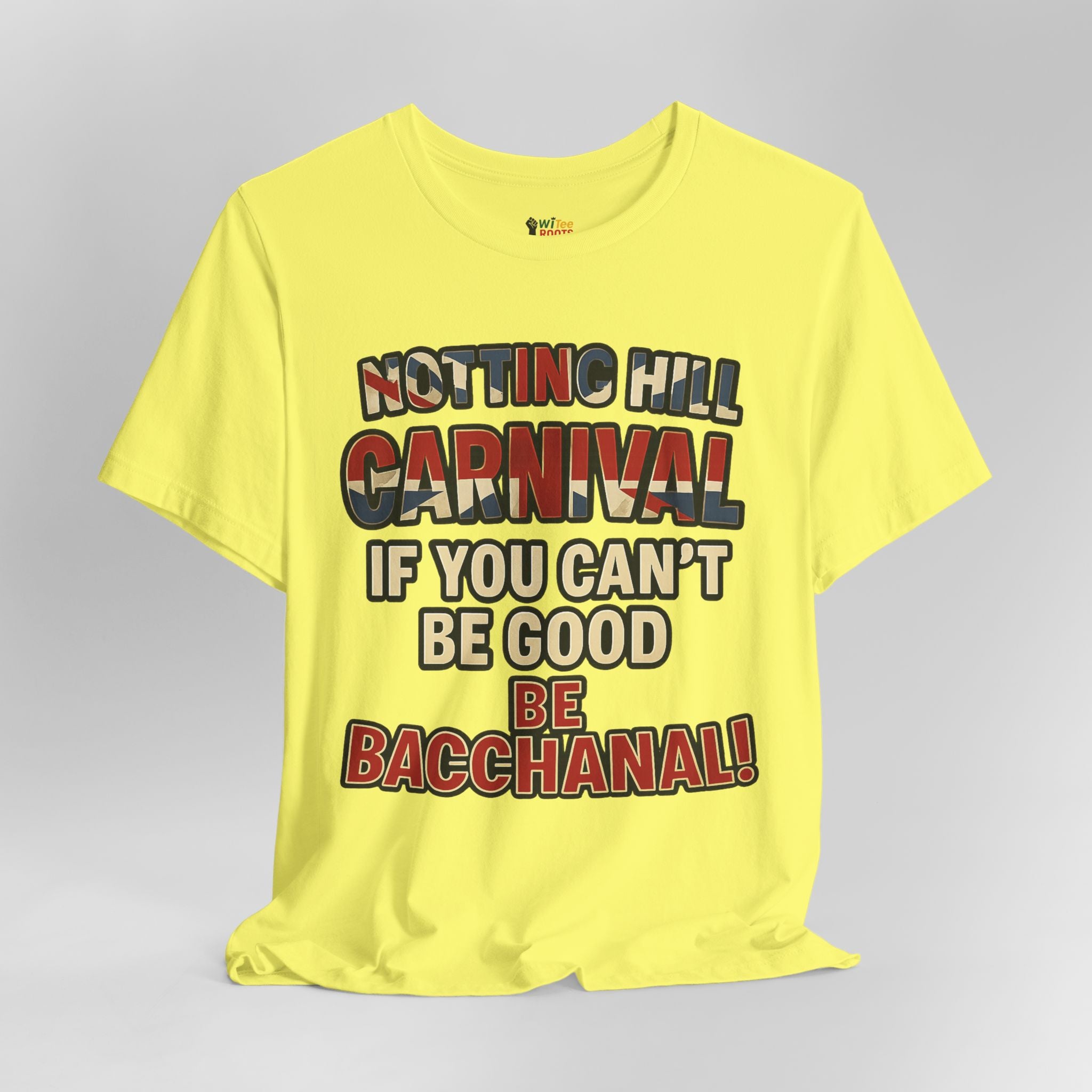 Yellow t-shirt with colorful text on a gray background