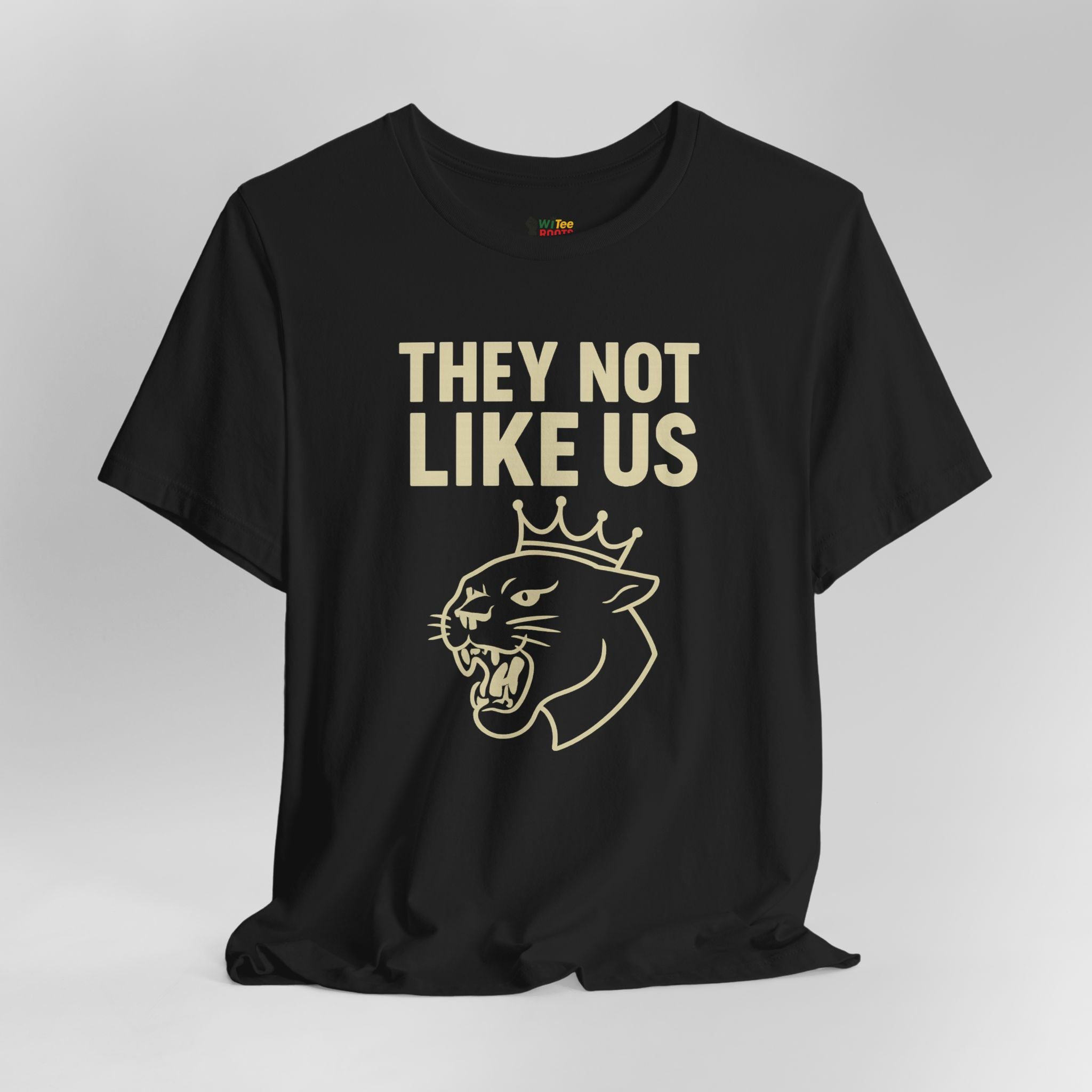 Black t-shirt with gold text and panther graphic on a gray background