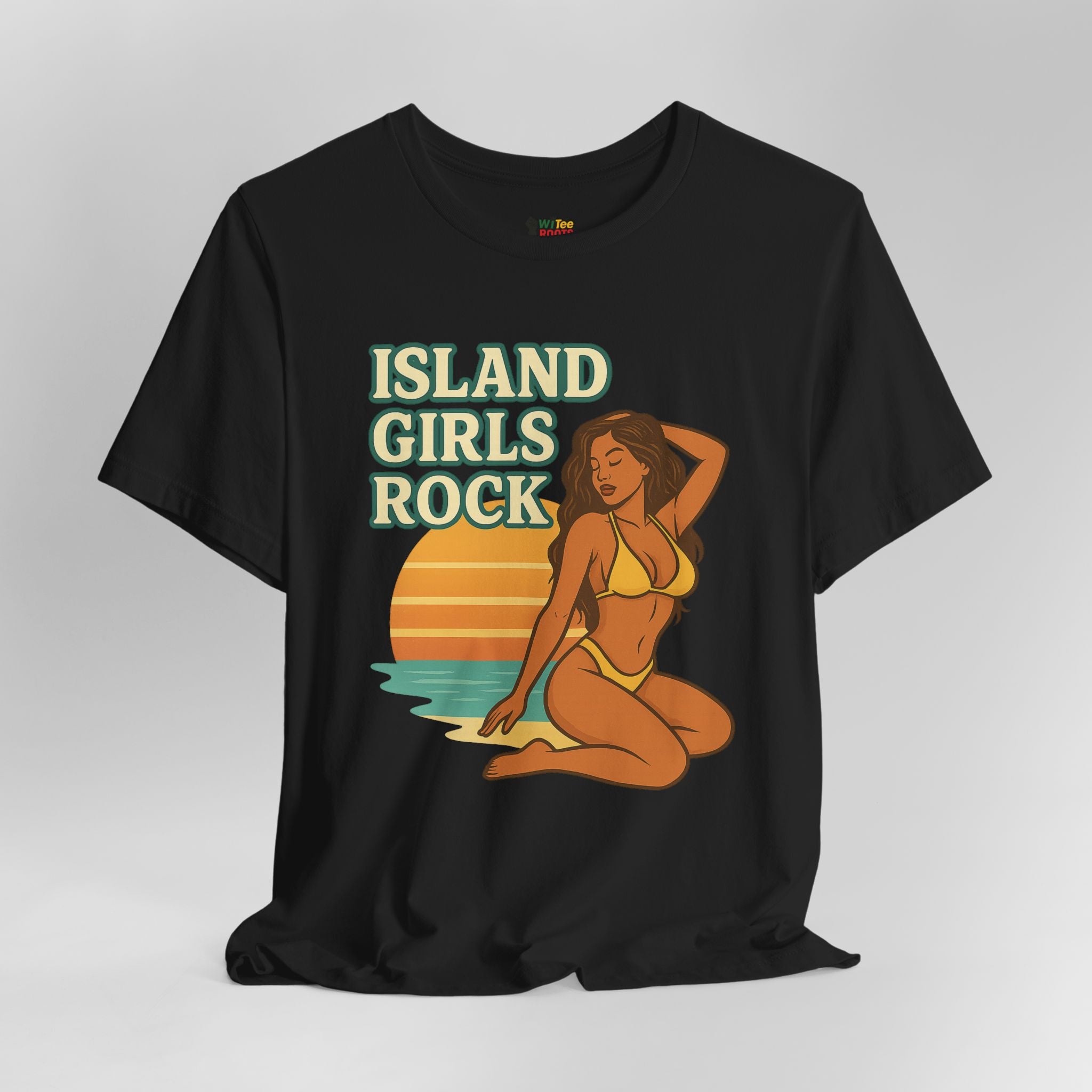 Black t-shirt with 'Island Girls Rock' graphic design on a gray background