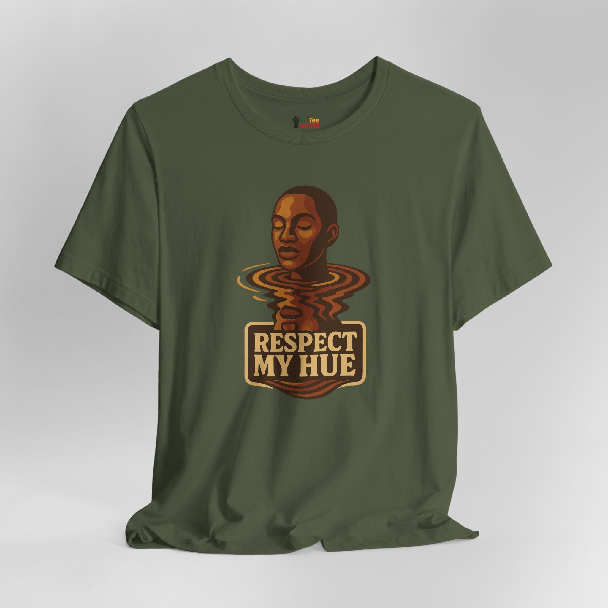 Green t-shirt with a graphic of a face and 'Respect My Hue' text on a gray background