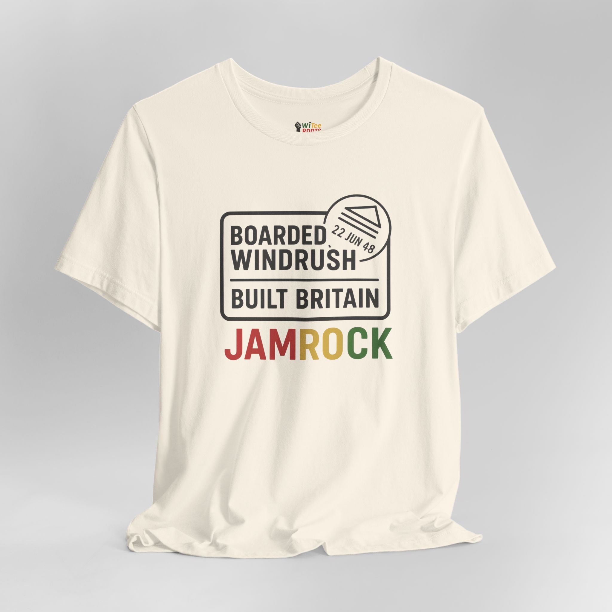 White t-shirt with text design on a gray background