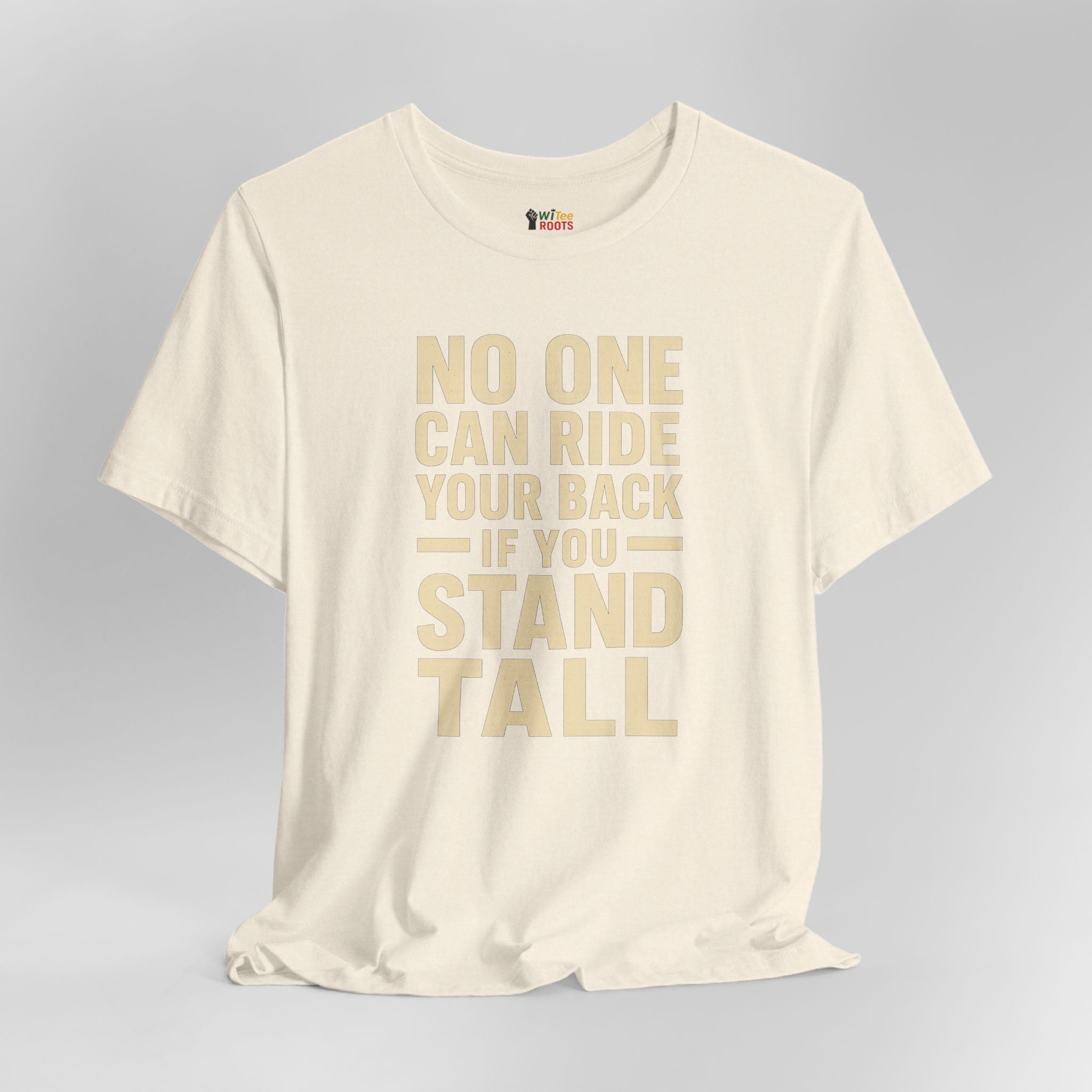 Beige t-shirt with motivational quote on a gray background