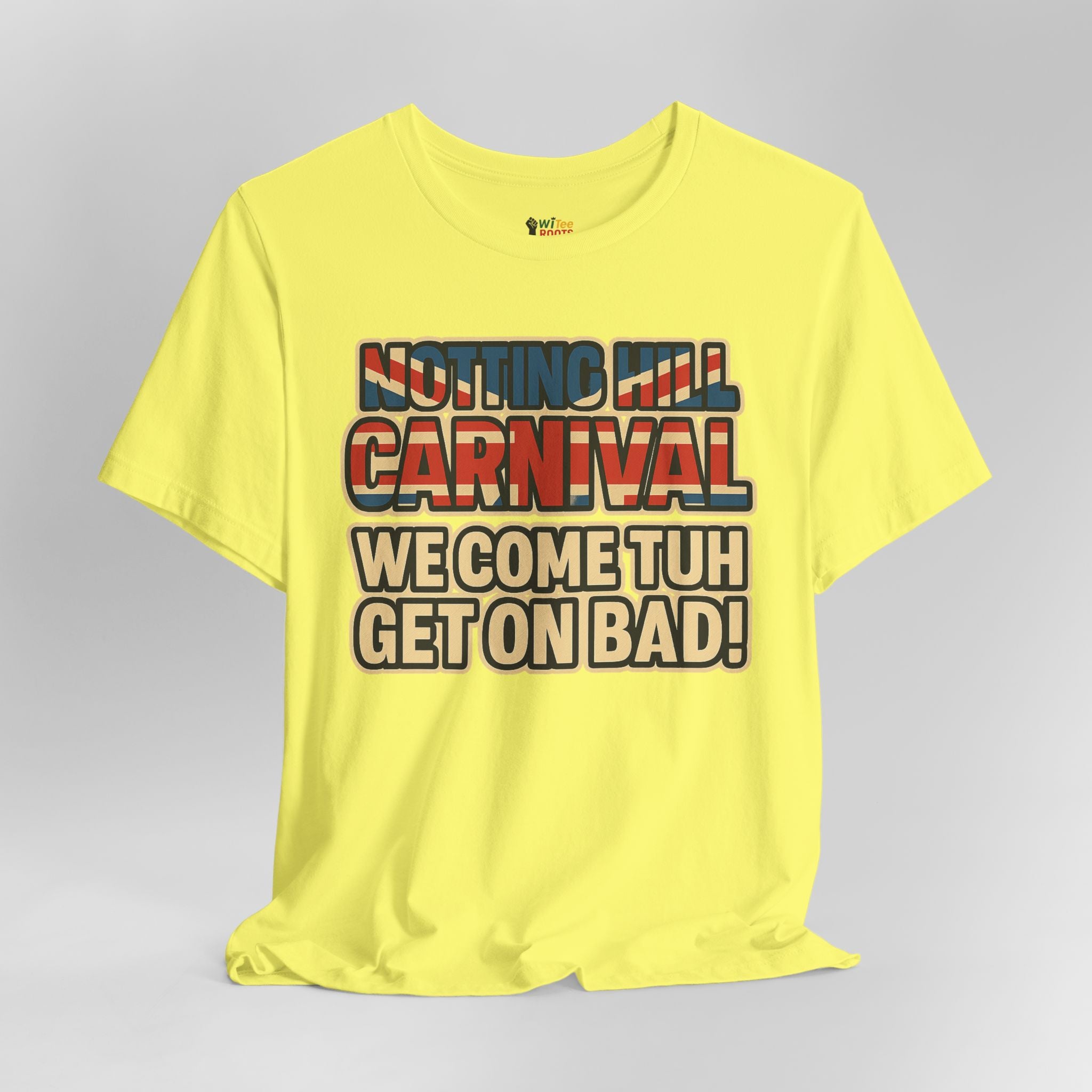 Yellow t-shirt with colorful text on a gray background