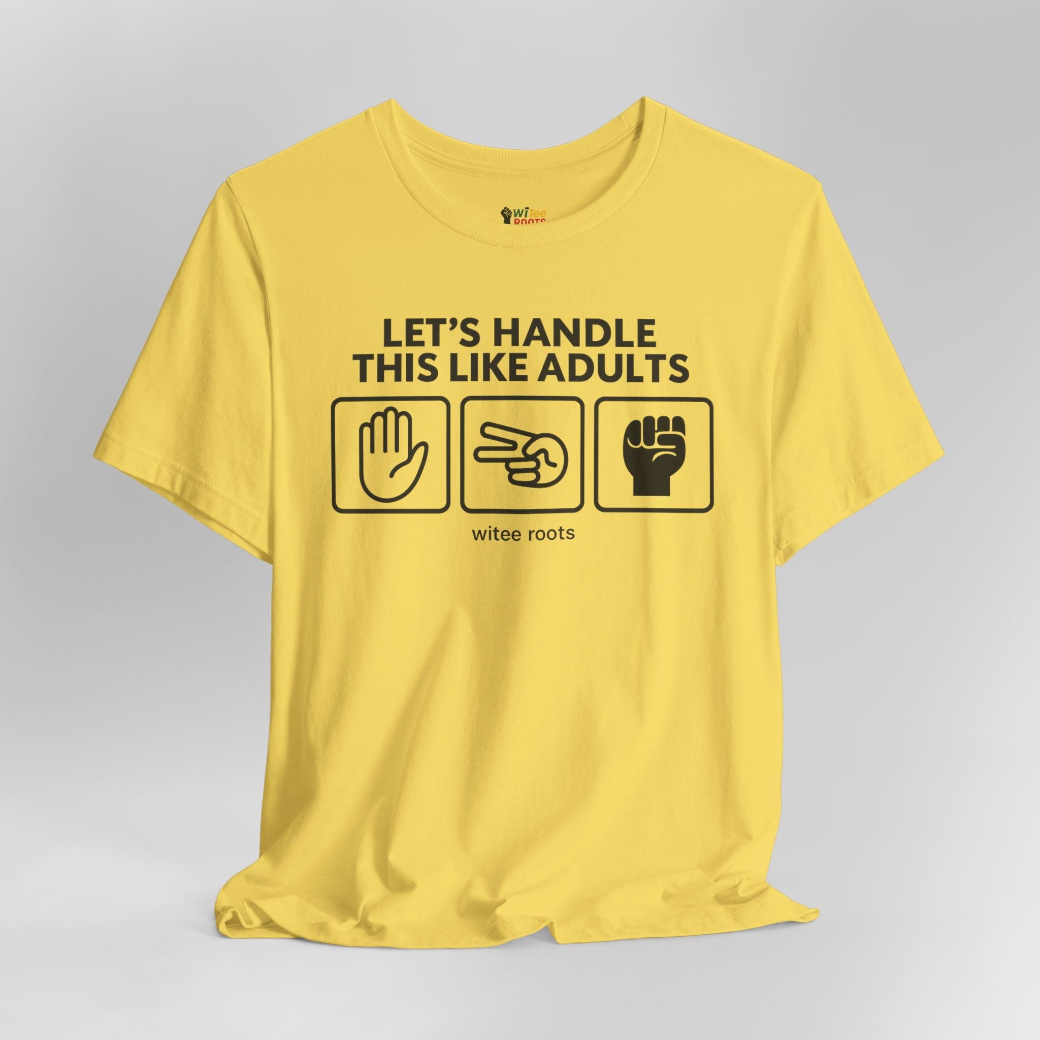 Yellow t-shirt with black text and graphics on a gray background