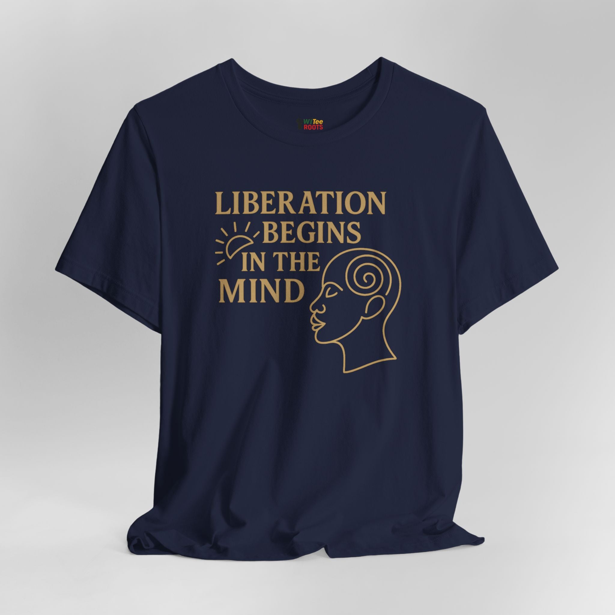 Navy blue t-shirt with gold text and graphic on a light gray background