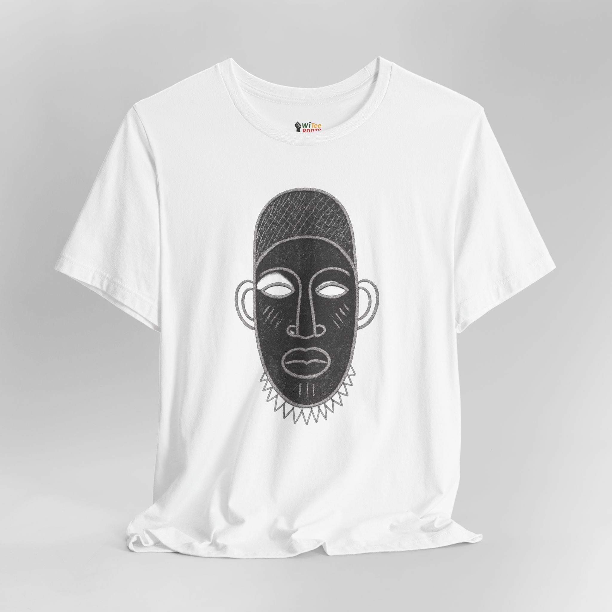 White t-shirt with black mask design on a gray background