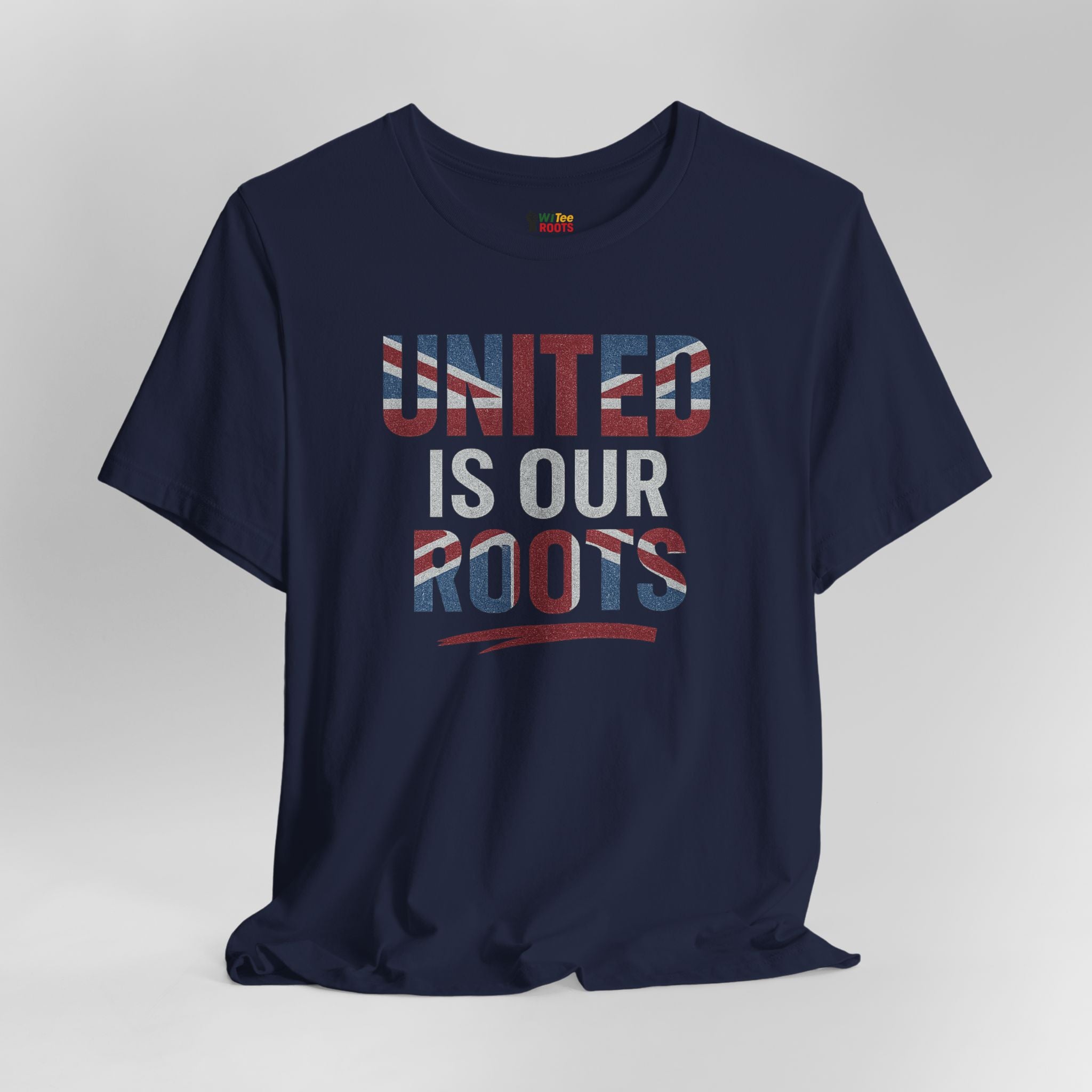 Navy blue t-shirt with 'UNITED IS OUR ROOTS' text on a gray background