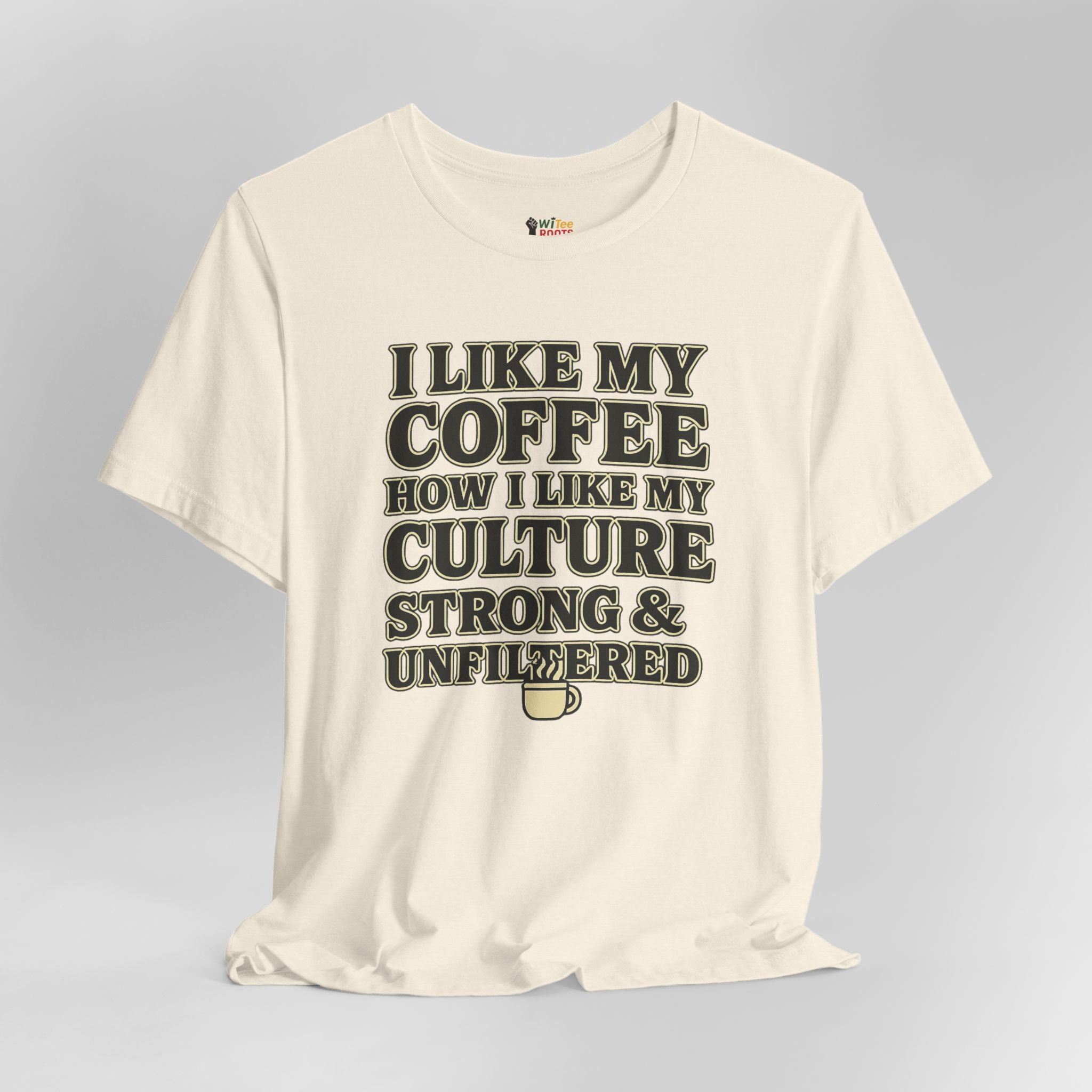 White t-shirt with black text and graphic on a gray background