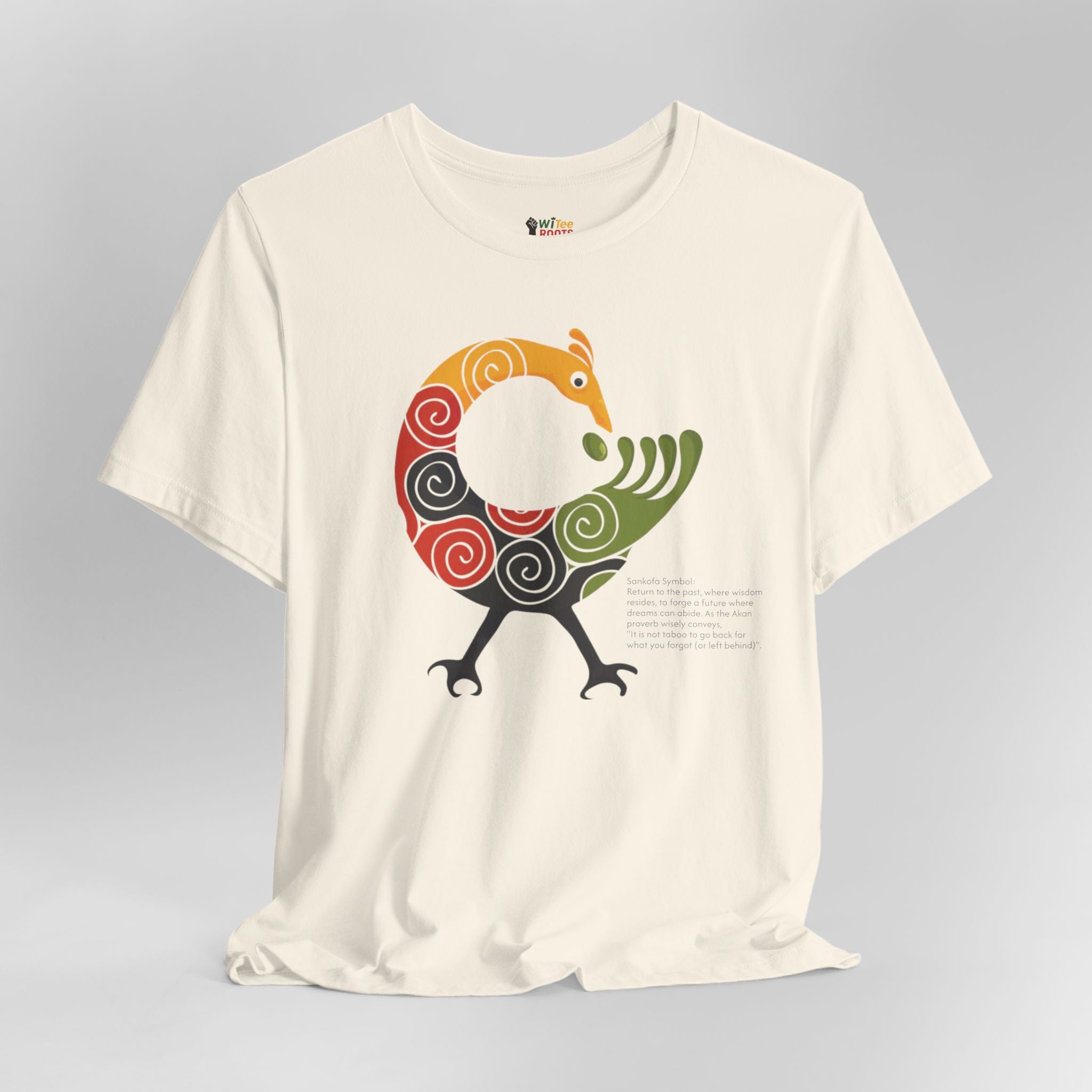 Cream t-shirt with a colorful abstract design on a gray background
