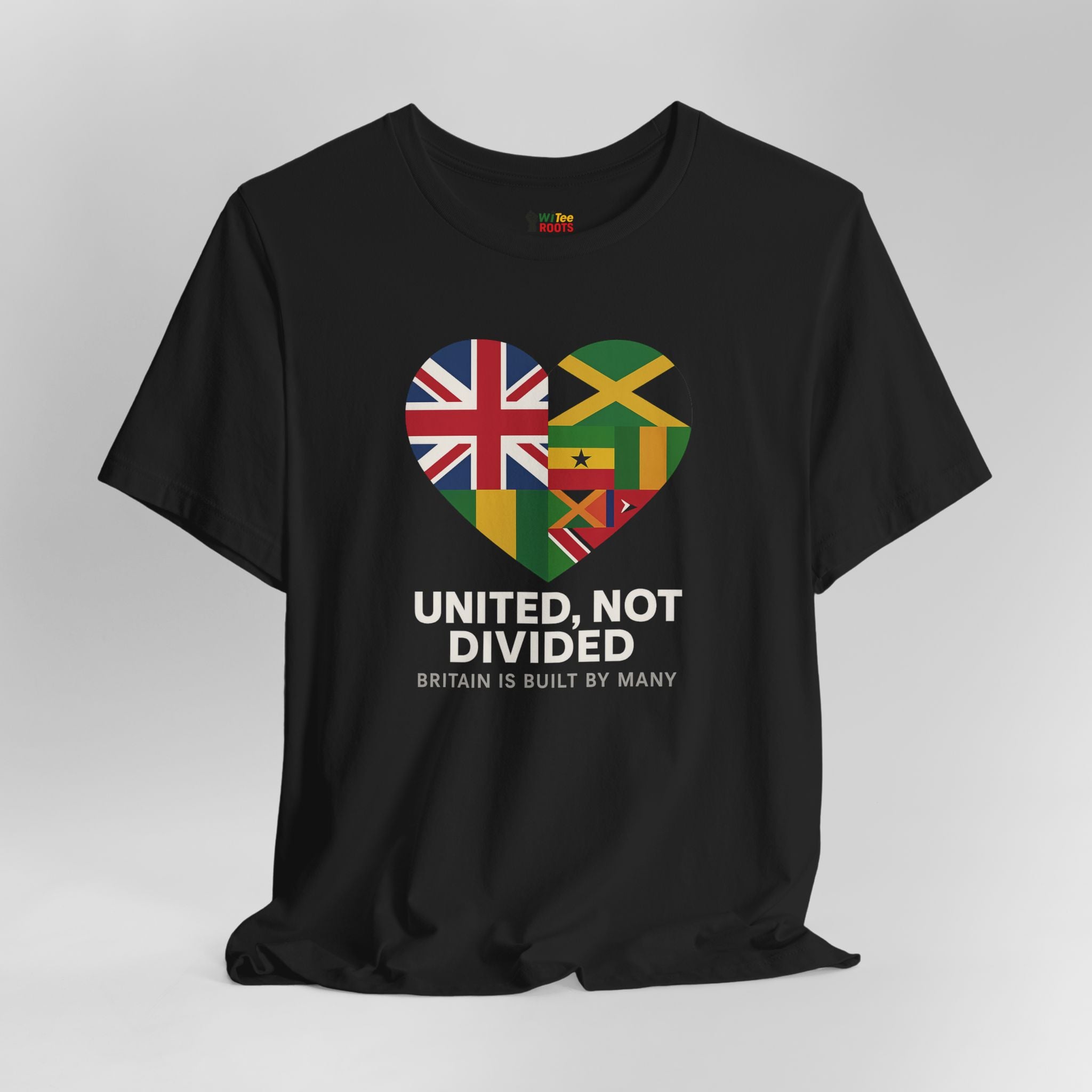 Black t-shirt with a heart-shaped design of British and Jamaican flags and text on a gray background