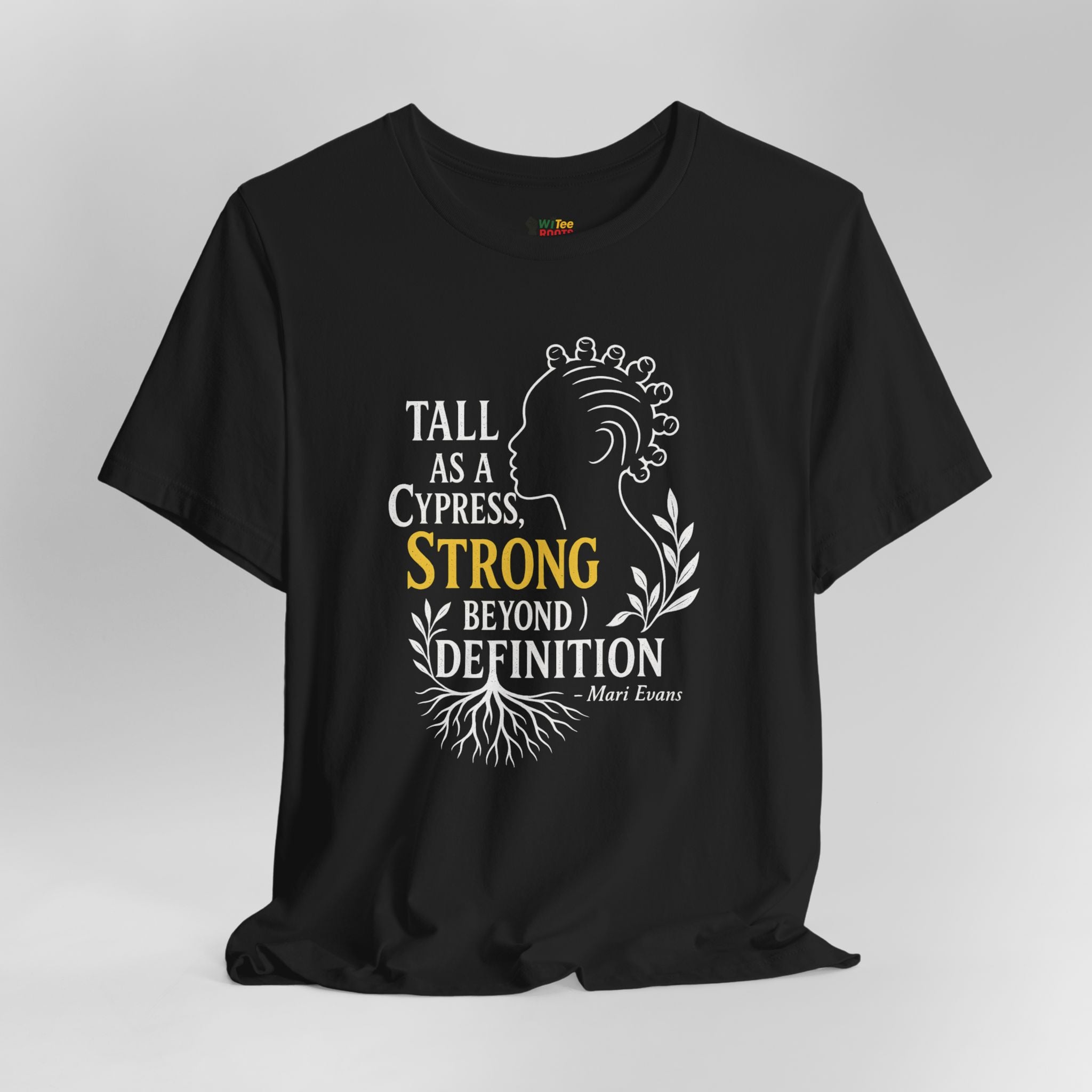 Black t-shirt with motivational quote design on a gray background