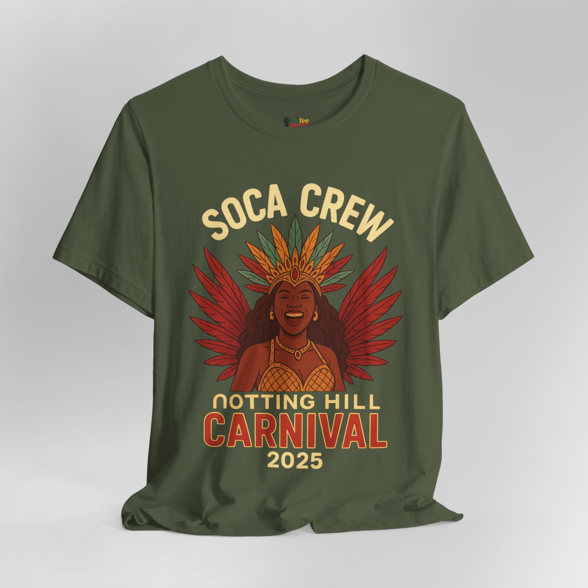 Green t-shirt with 'Soca Crew Notting Hill Carnival 2025' design on a gray background
