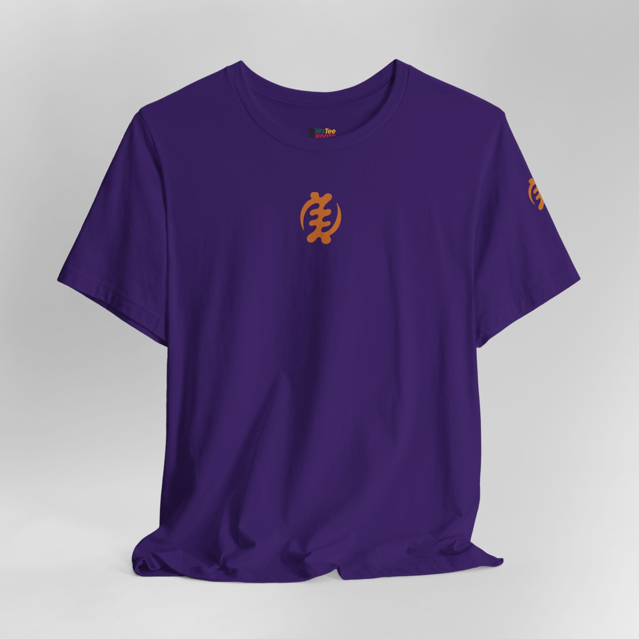 Purple t-shirt with orange logo on a gray background