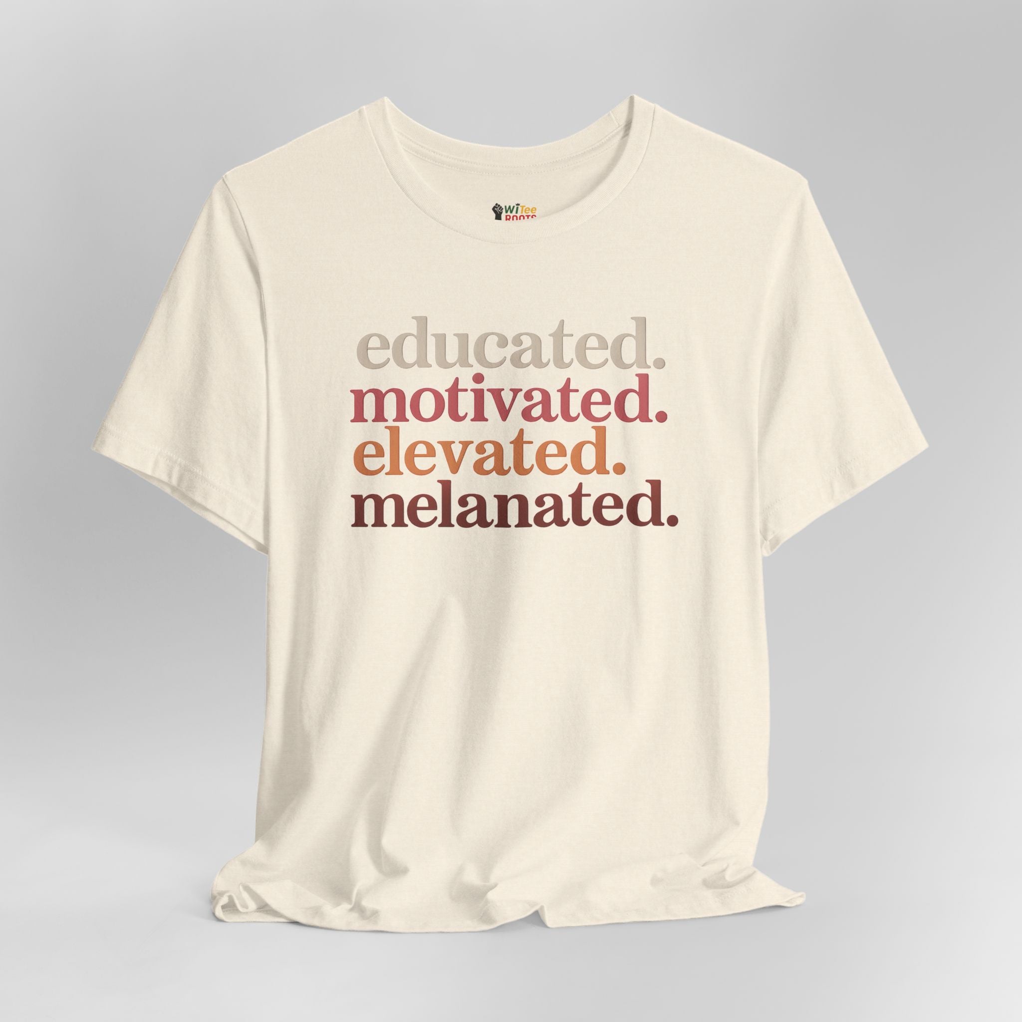 Beige t-shirt with motivational text on a gray background