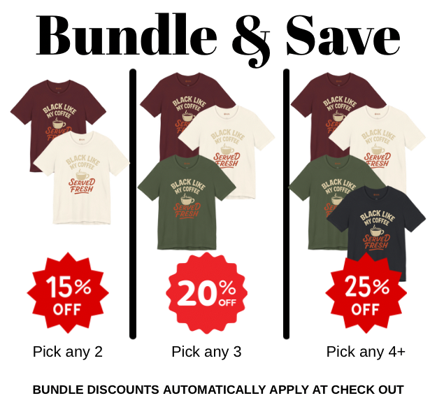 Promotional graphic for t-shirts with bundle discounts on a white background