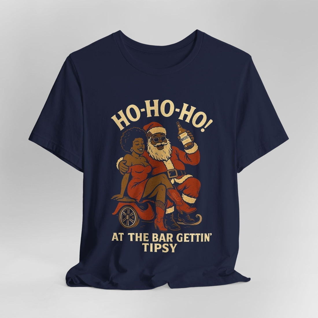 Black t-shirt with a graphic of Santa Claus and a woman, text 'HO-HO-HO! AT THE BAR GETTIN' TIPSY', on a light gray background.