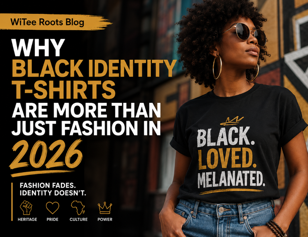 Black woman wearing a Black identity graphic T-shirt by Witee Roots.