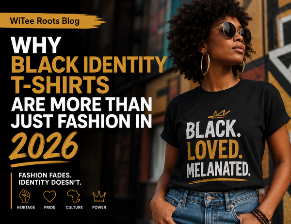 Black woman wearing a Black identity graphic T-shirt by Witee Roots.
