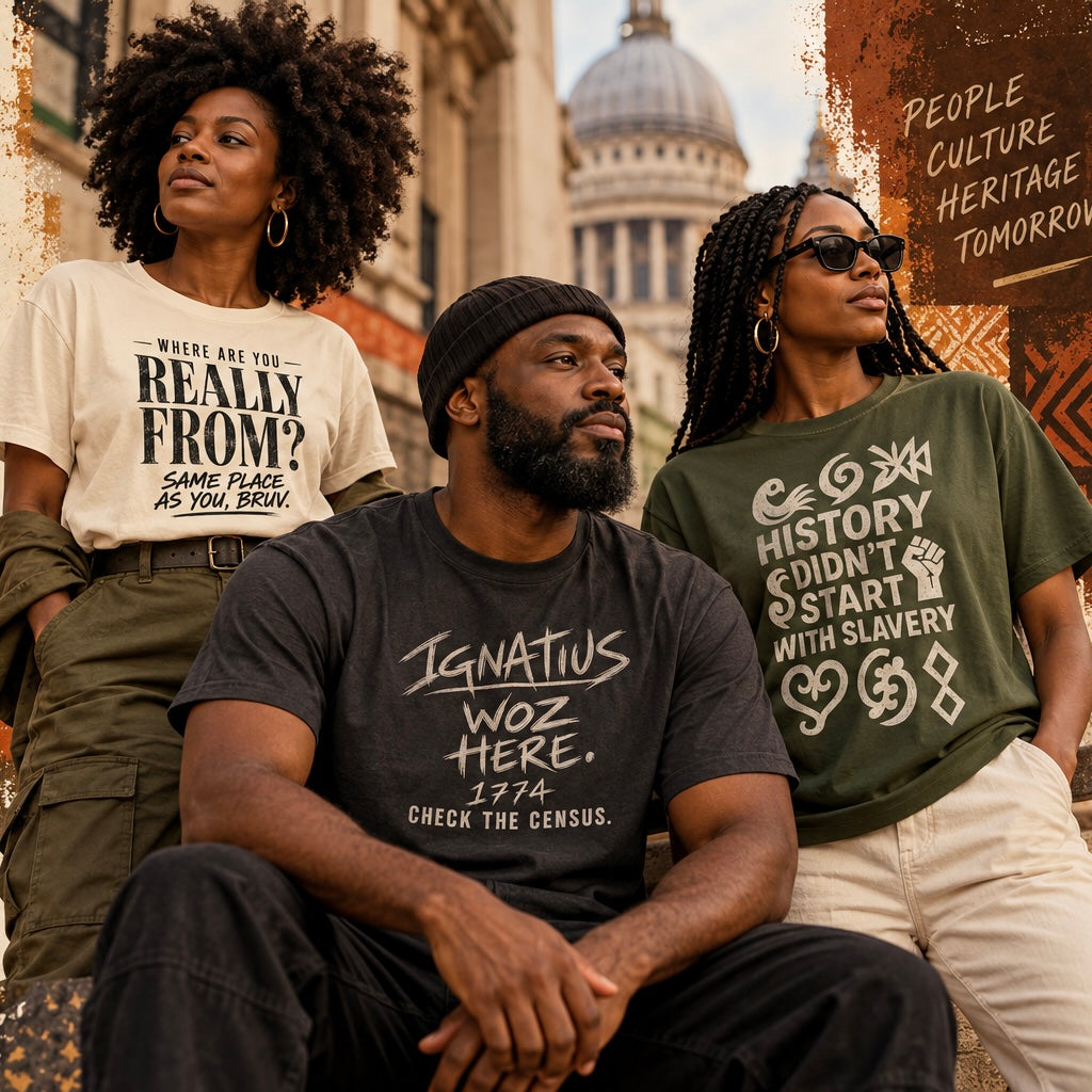 Three people wearing graphic t-shirts with historical and social justice slogans, posed in front of a domed building. The shirts feature designs with text such as 'WHERE ARE YOU REALLY FROM?', 'IGNATIUS WOZ HERE.