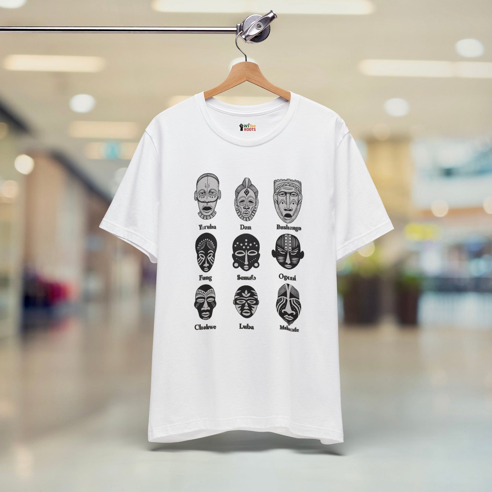 White tshirt with blurry mall background