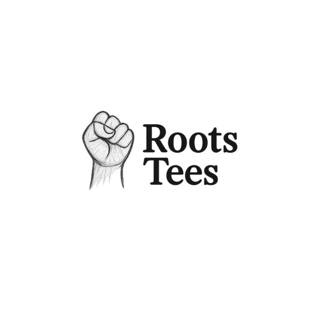 Image named, Roots Tees, with a pencil sketch of an upright  fist.