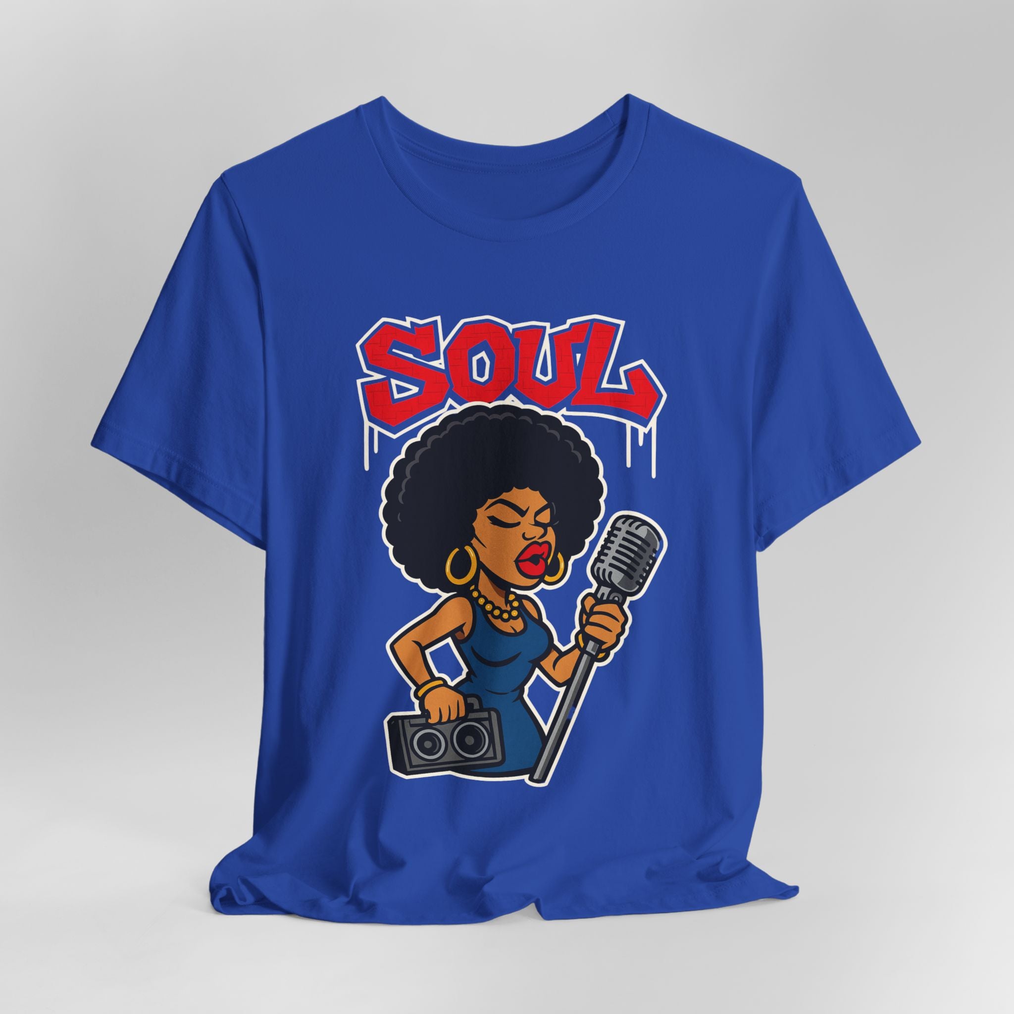 Blue t-shirt with a graphic of a woman holding a microphone and the word 'SOUL' on a gray background