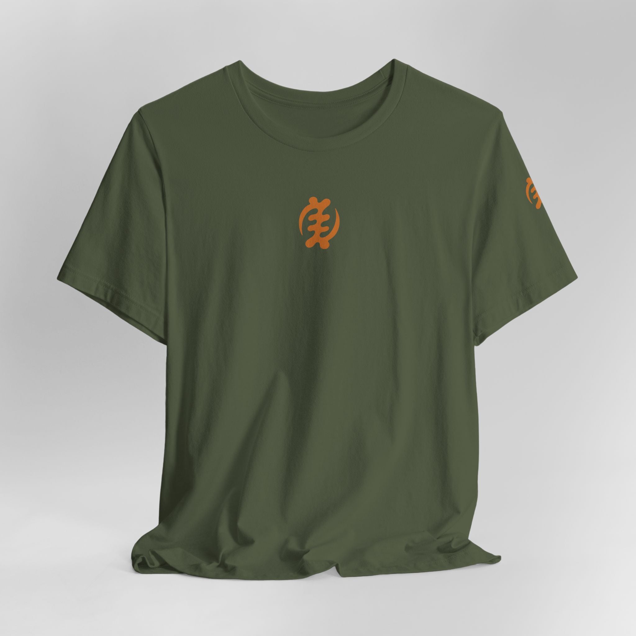Green t-shirt with orange logo on a light gray background