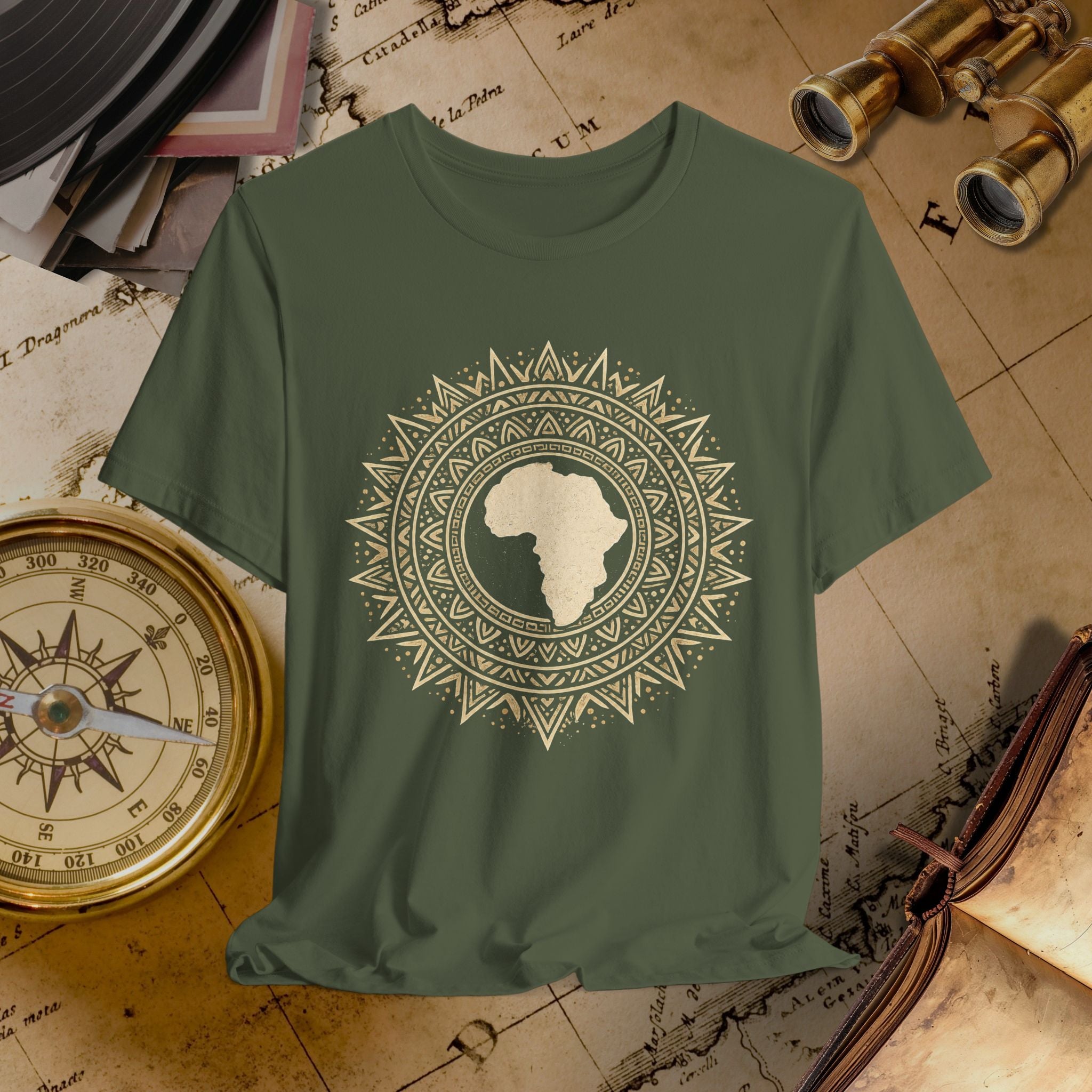 Green t-shirt with African continent design on a vintage map background