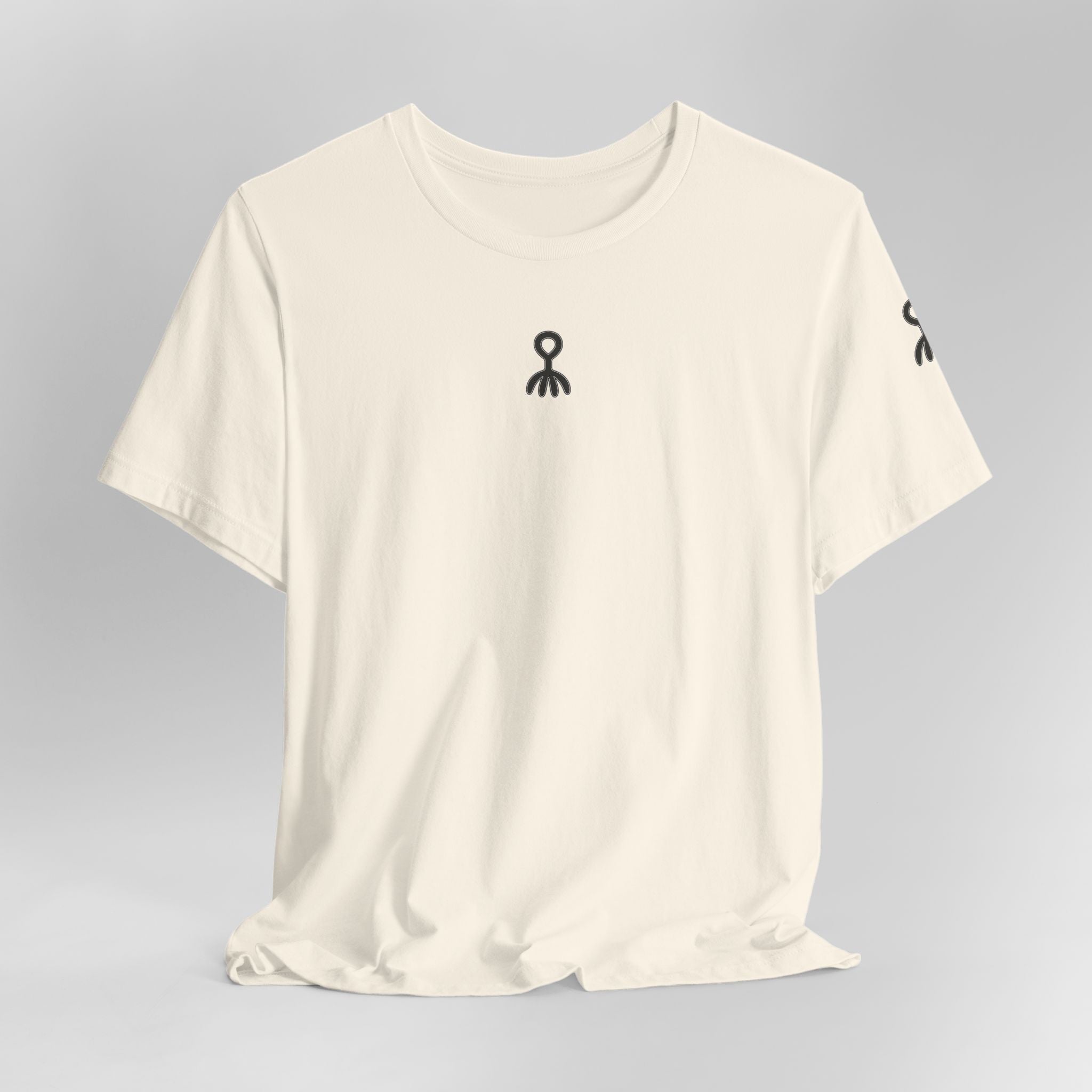 Beige t-shirt with black logo on a gray background