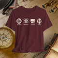 Maroon t-shirt with white symbols and text on a vintage map background