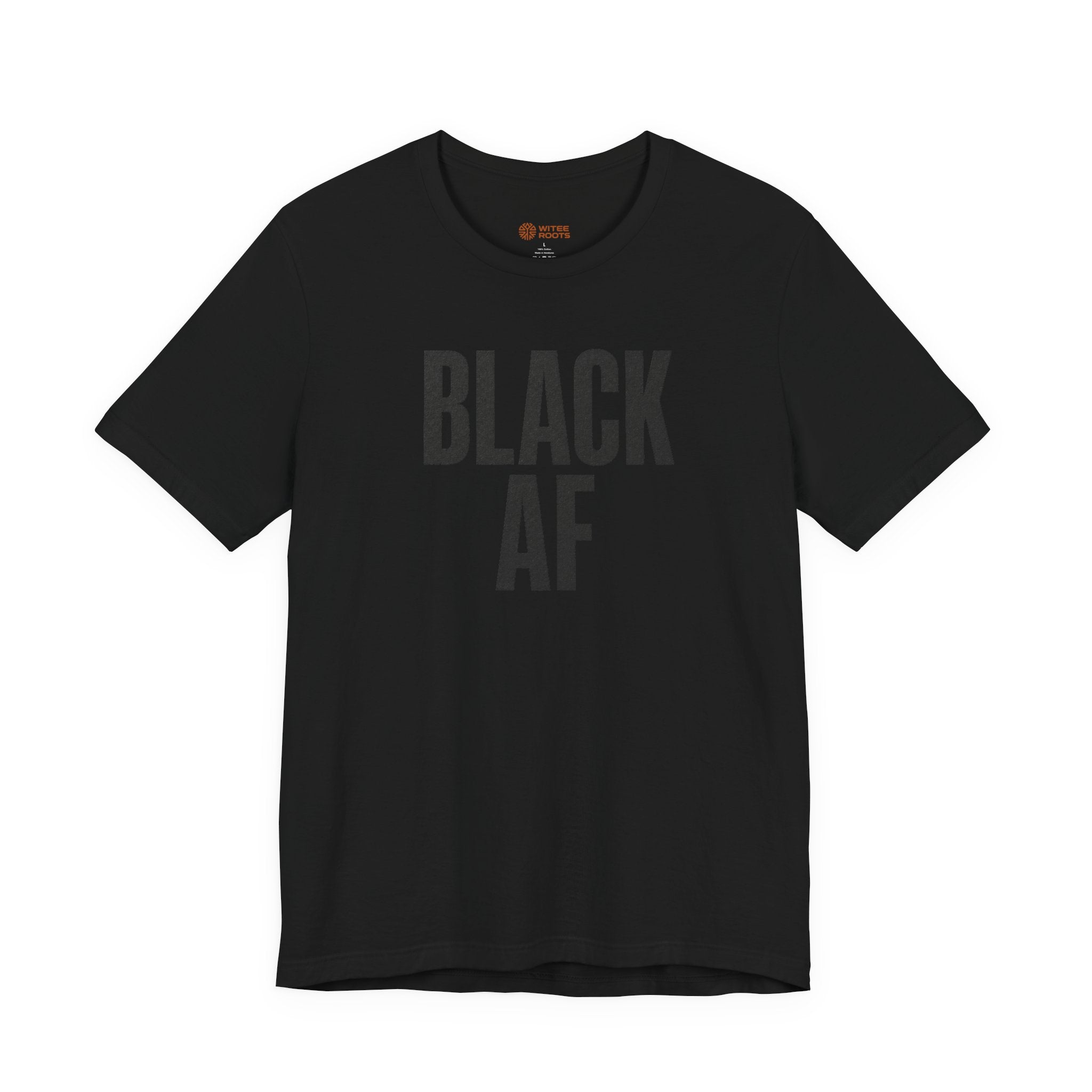 Black t-shirt with a text design on a white background
