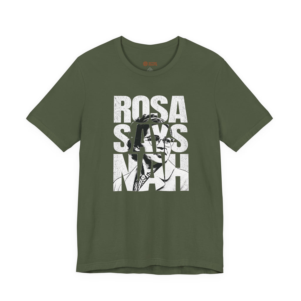 Green t-shirt with graphic design and text on a white background