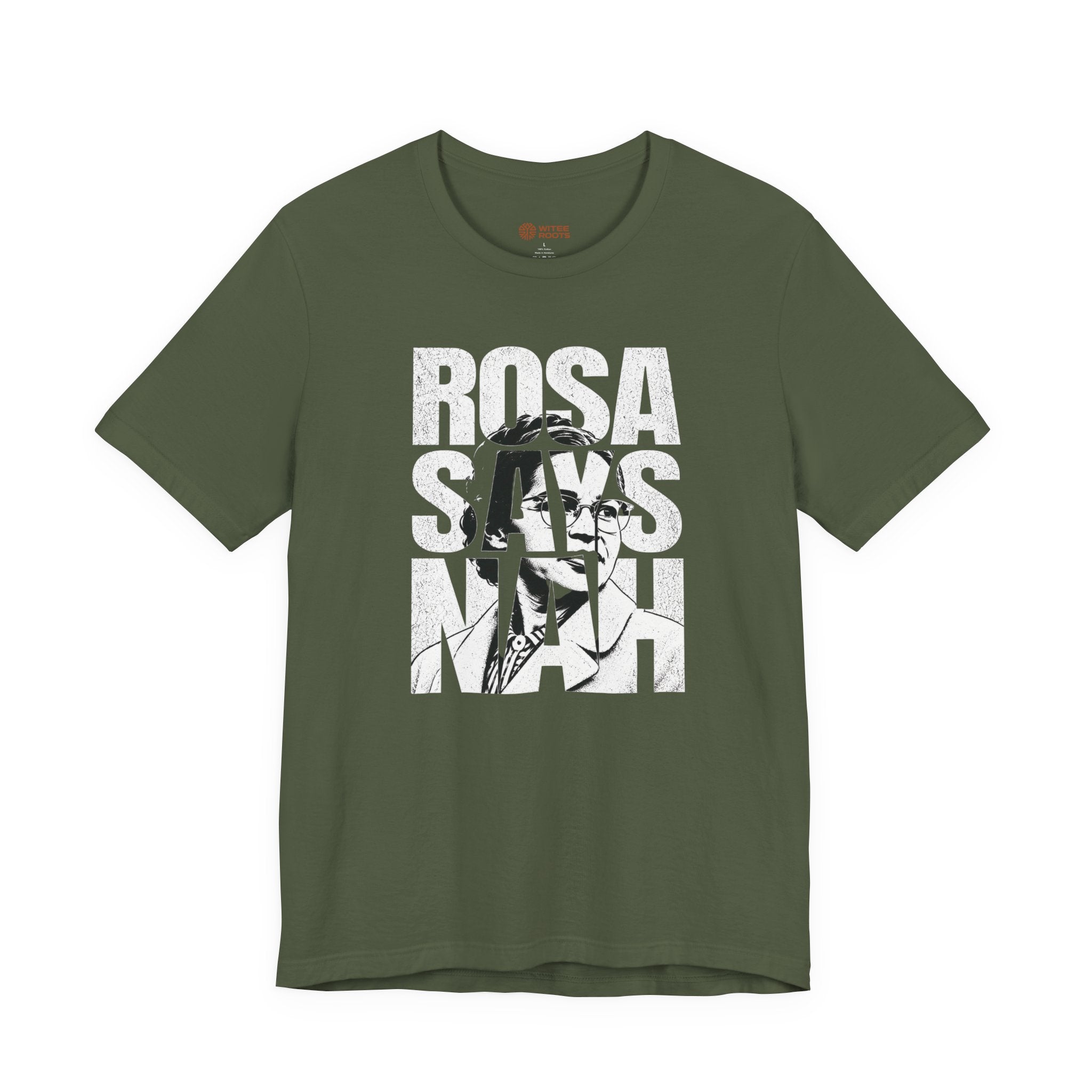 Green t-shirt with graphic design and text on a white background
