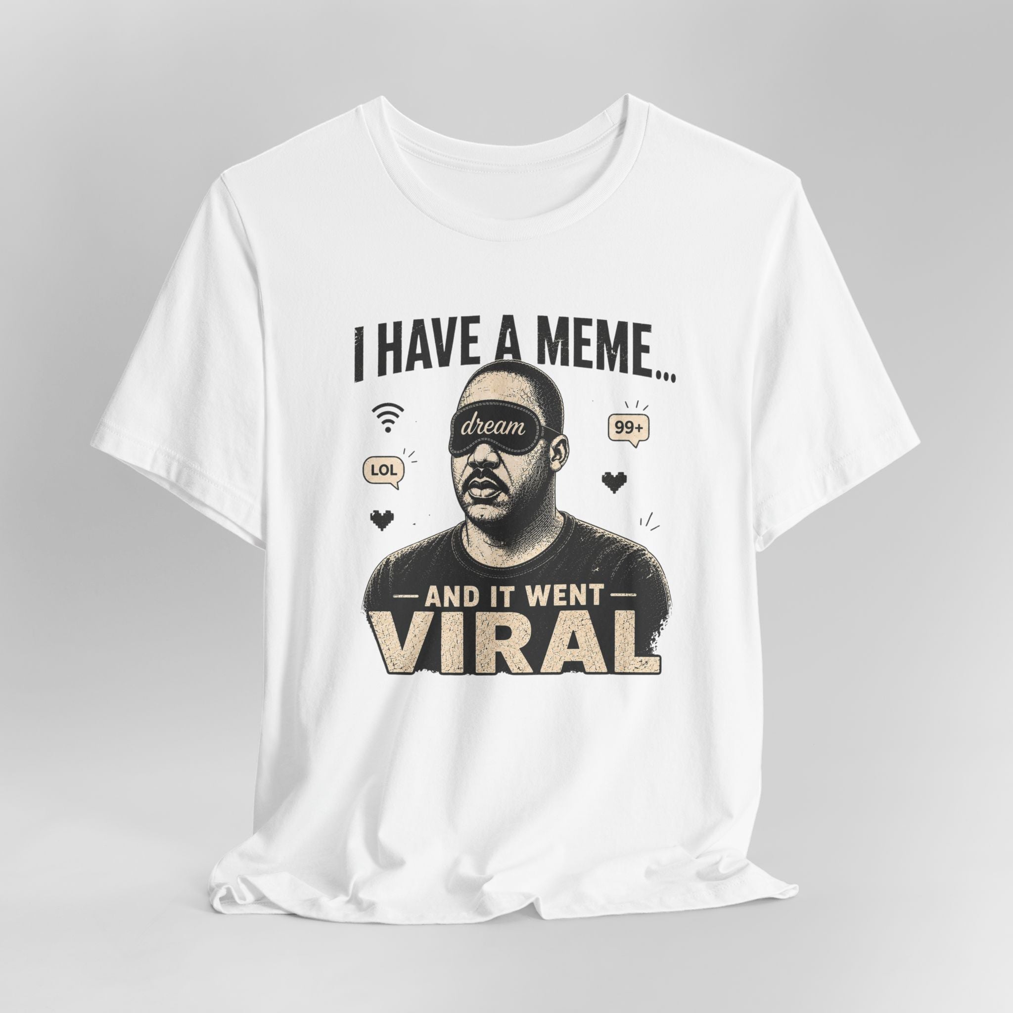 White t-shirt with graphic design and text on a gray background