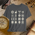 Gray t-shirt with white symbols and text on a vintage map background