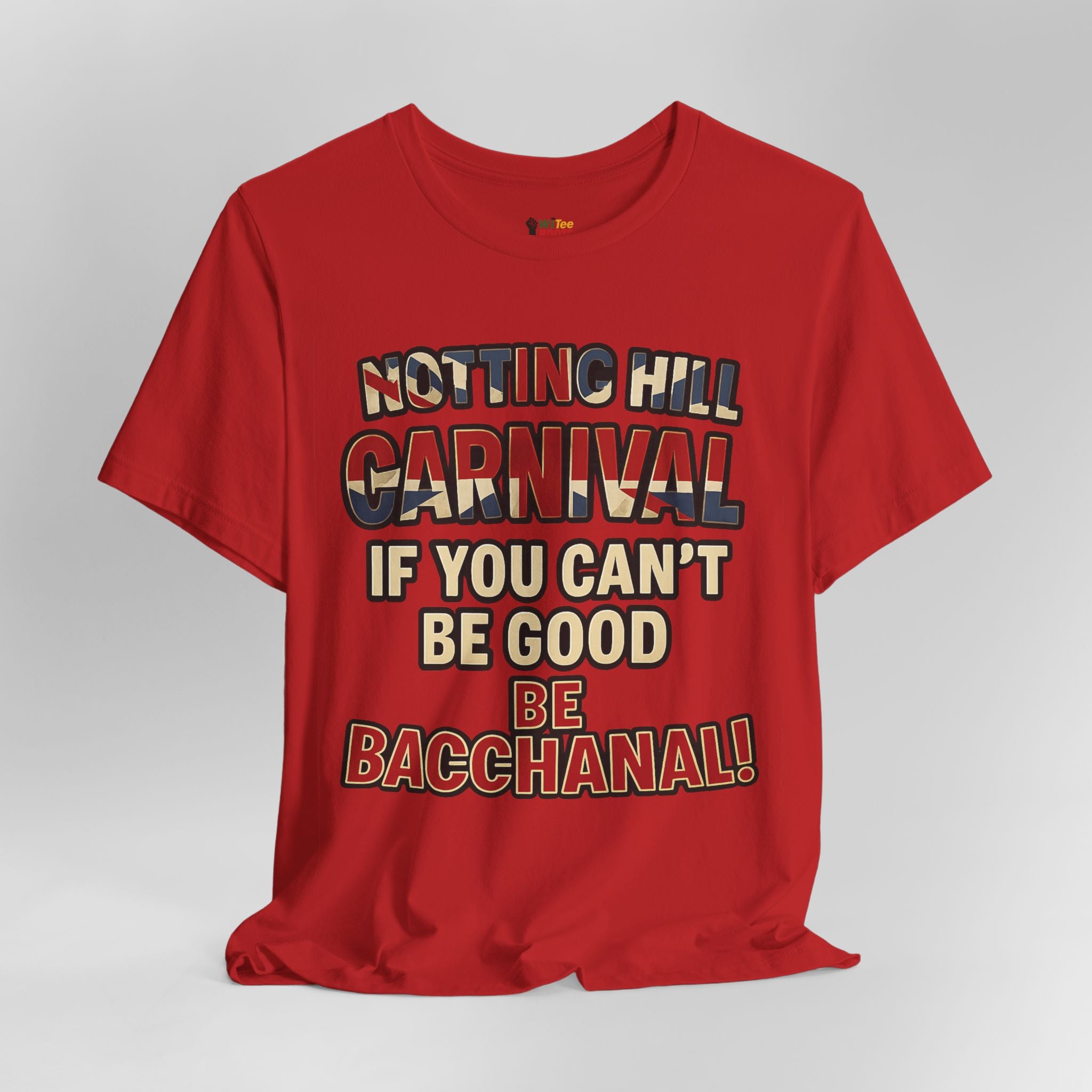 Red t-shirt with colorful text on a gray background