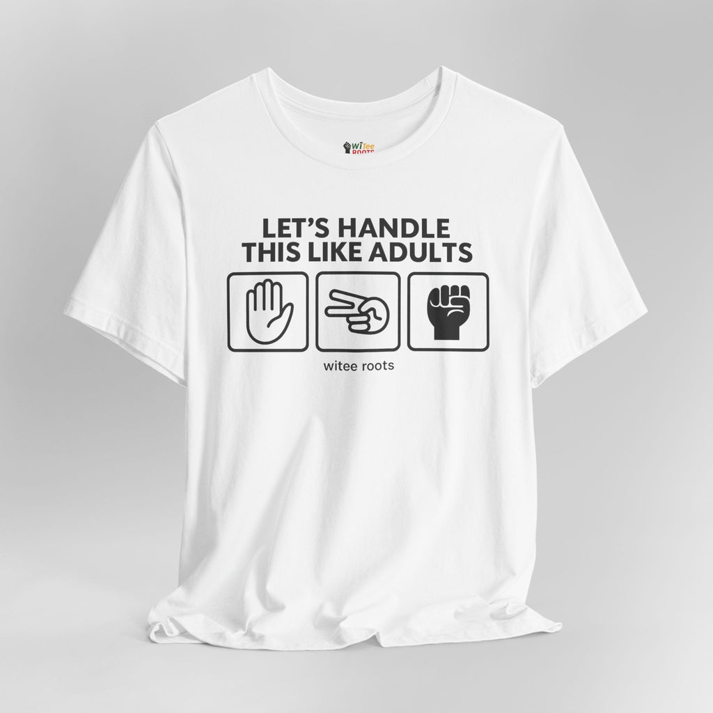 White t-shirt with black text and graphics on a gray background
