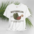 White t-shirt with watermelon graphic and text on a light gray background with green leaves.