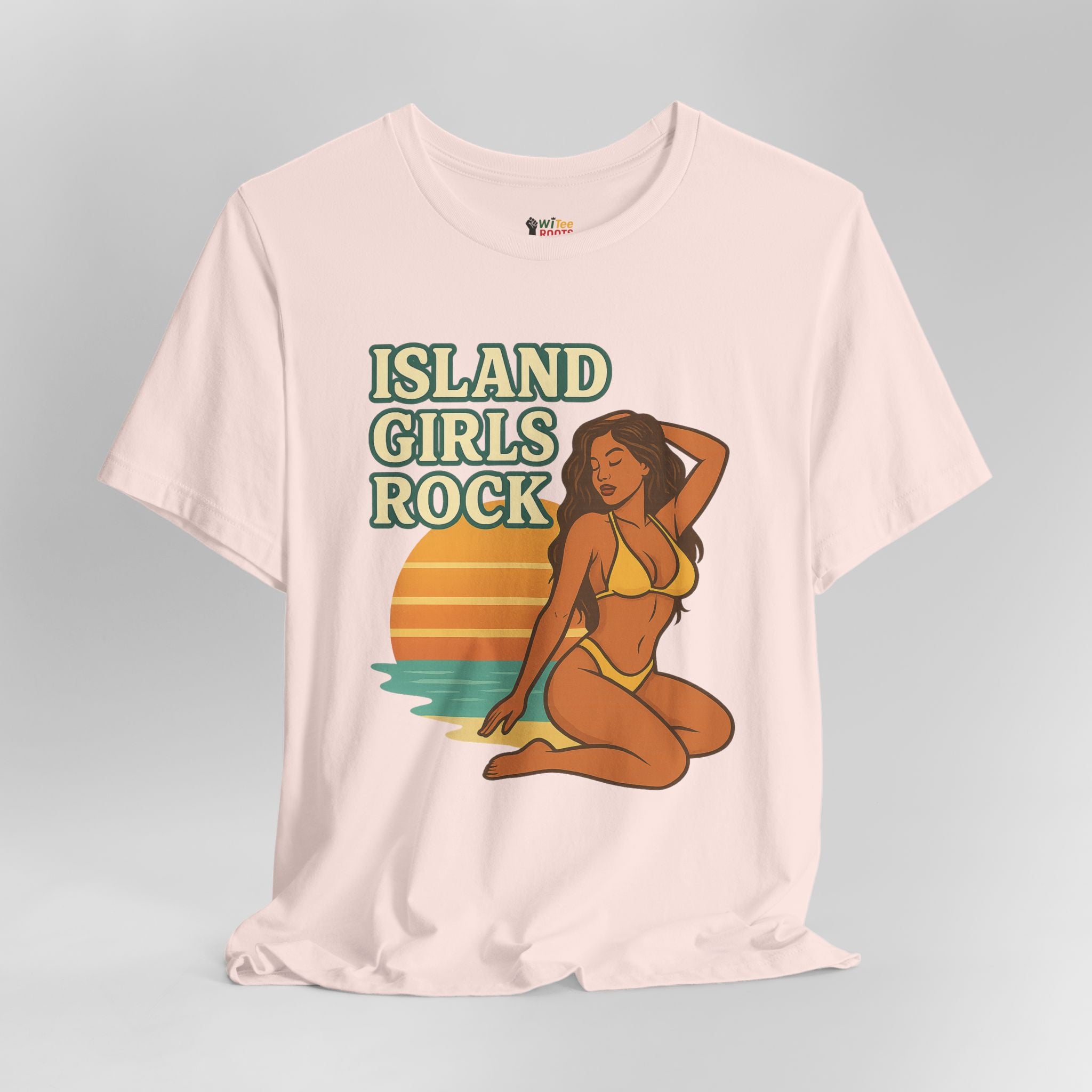 Pink t-shirt with 'Island Girls Rock' graphic design on a gray background
