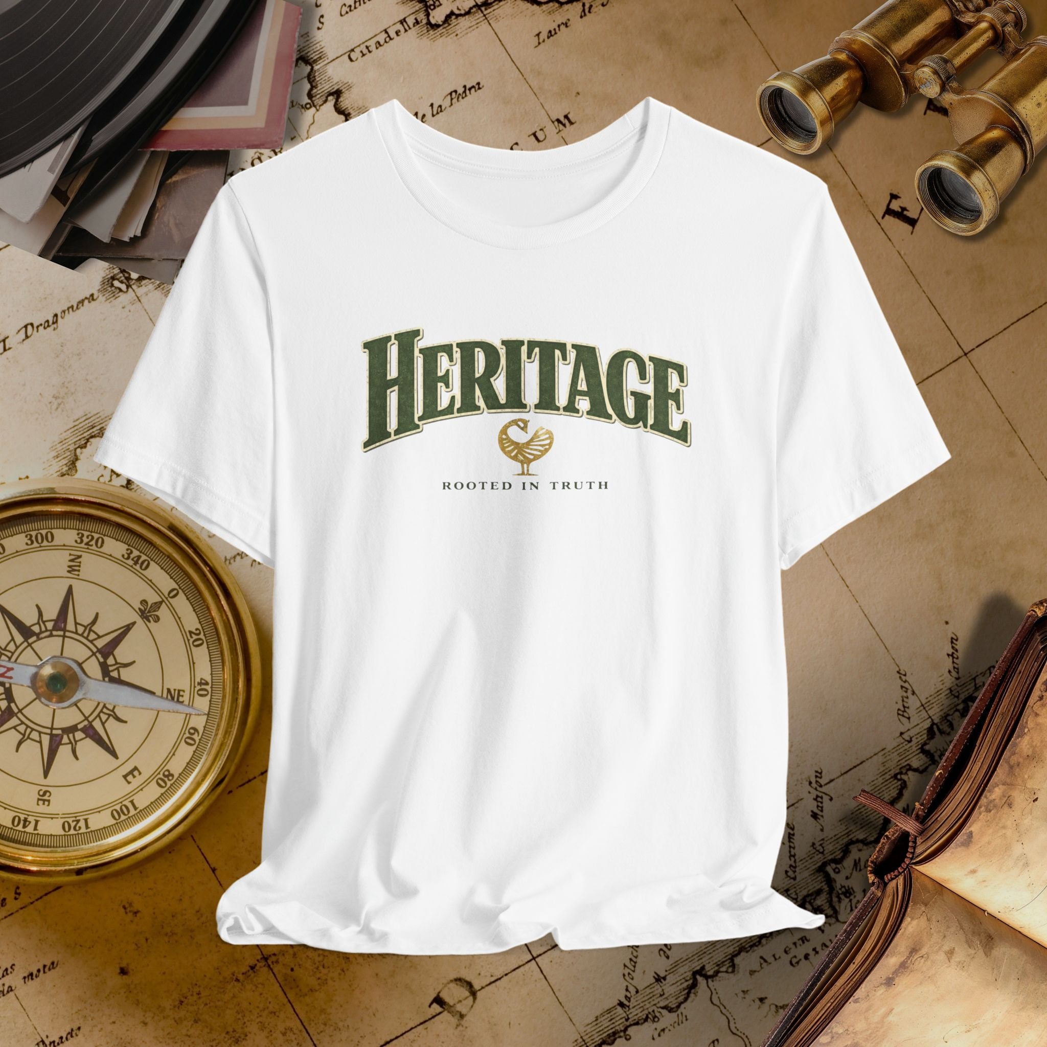 White t-shirt with 'Heritage' text on a vintage map background