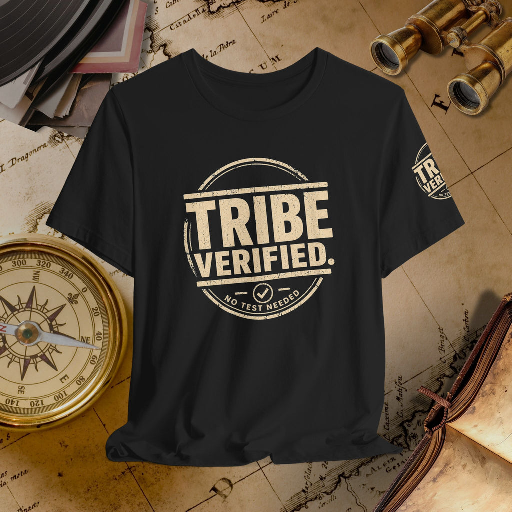 Black t-shirt with 'TRIBE VERIFIED' design on a vintage map background