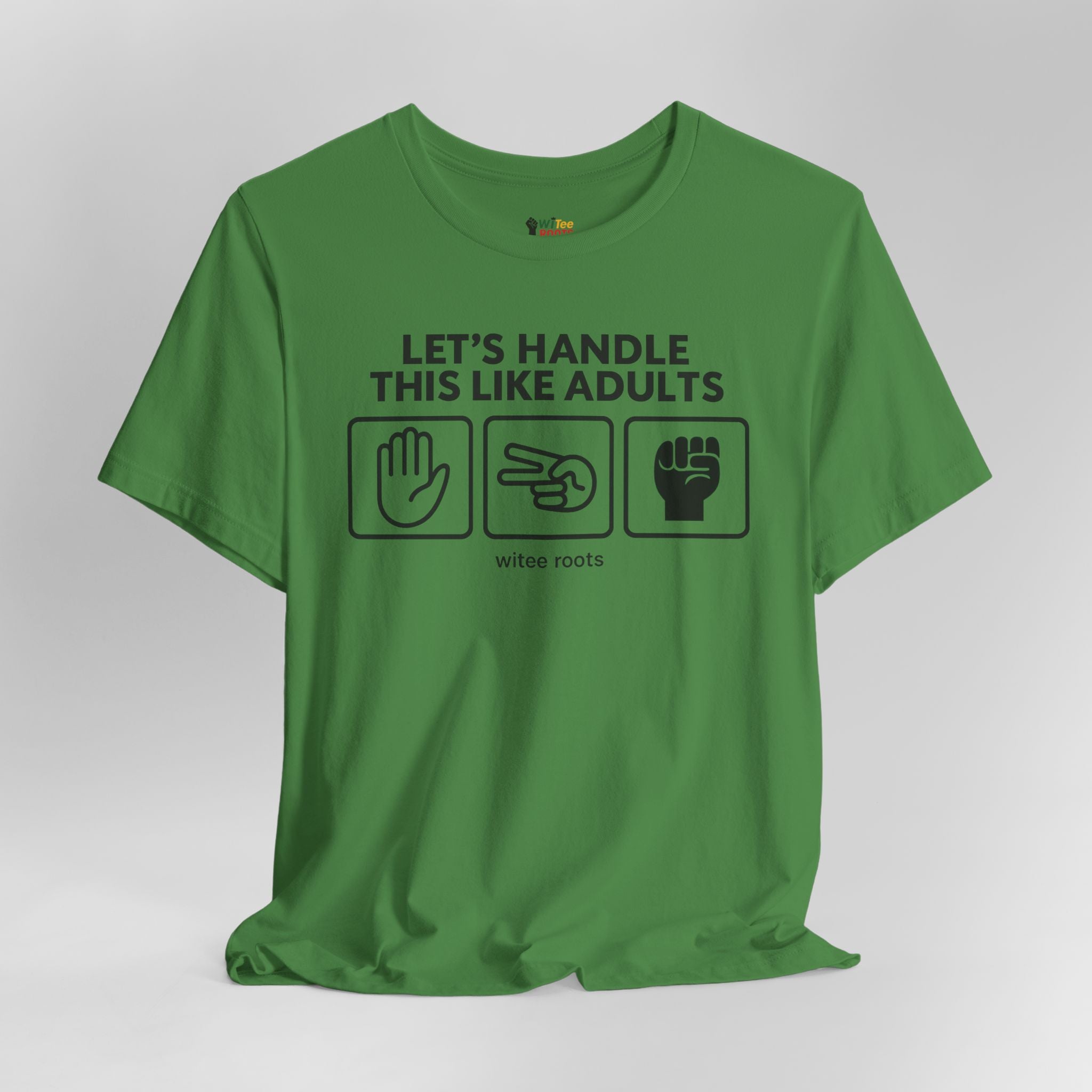 Green t-shirt with black text and graphics on a white background