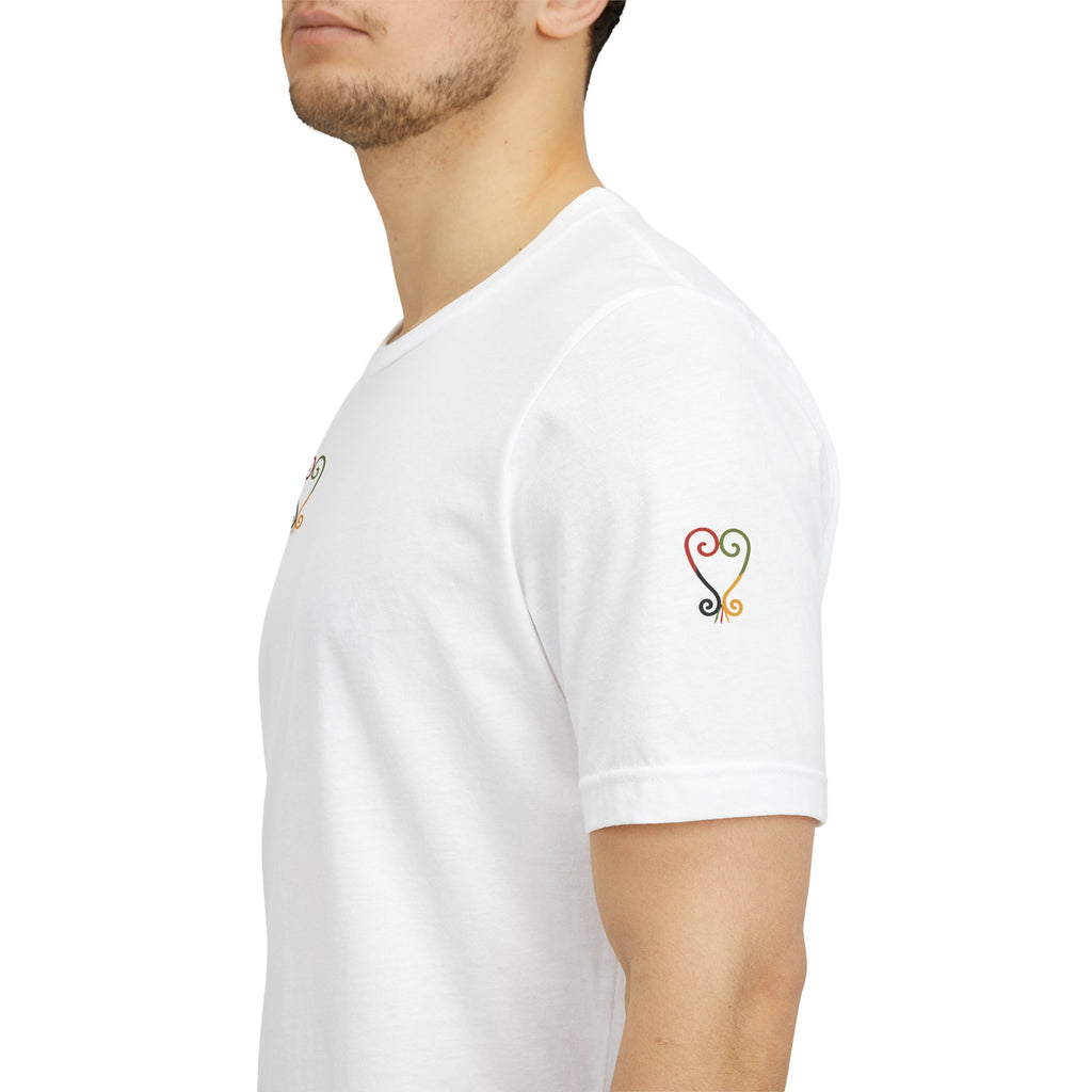 White t-shirt with small logos on the sleeves worn by a person