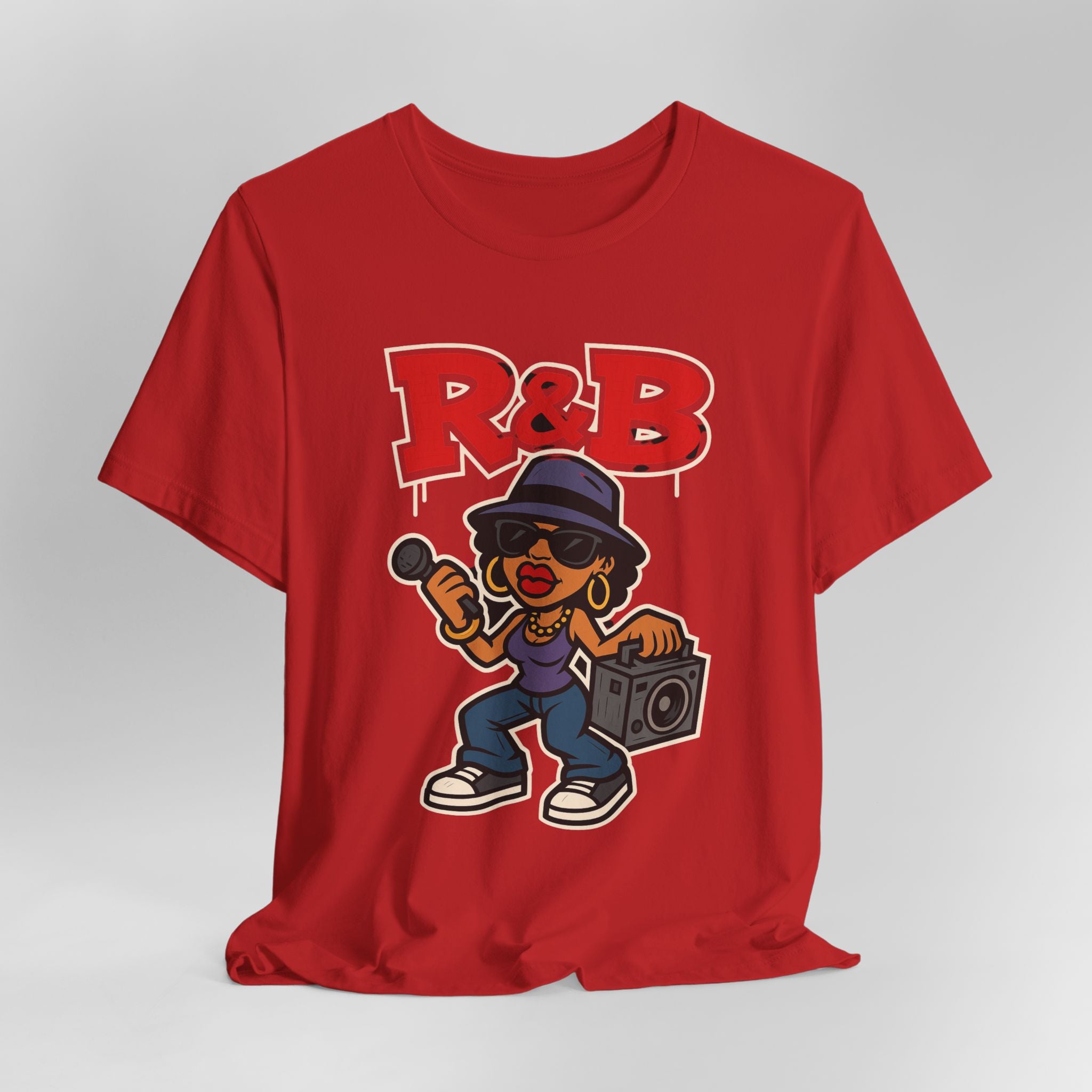 Red t-shirt with cartoon character and 'R&B' text on a gray background
